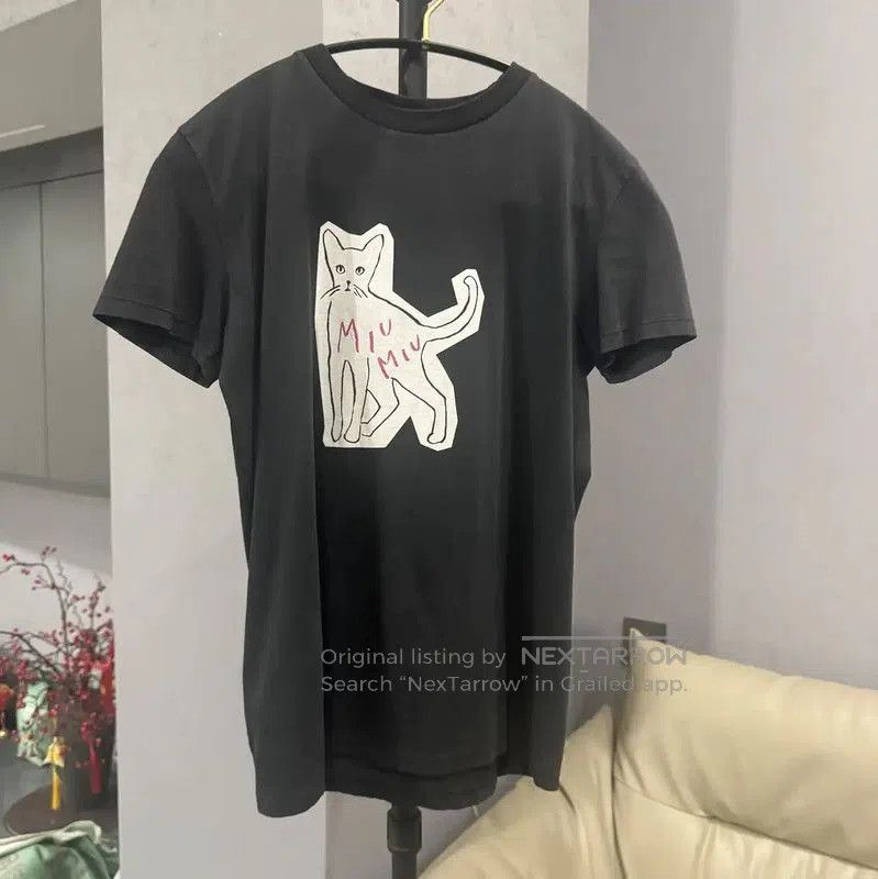 Miu Miu Miu Miu Black Cotton T-Shirt with Cat Print . Size XS / US 0-2 / IT 36-38 - 1 Thumbnail