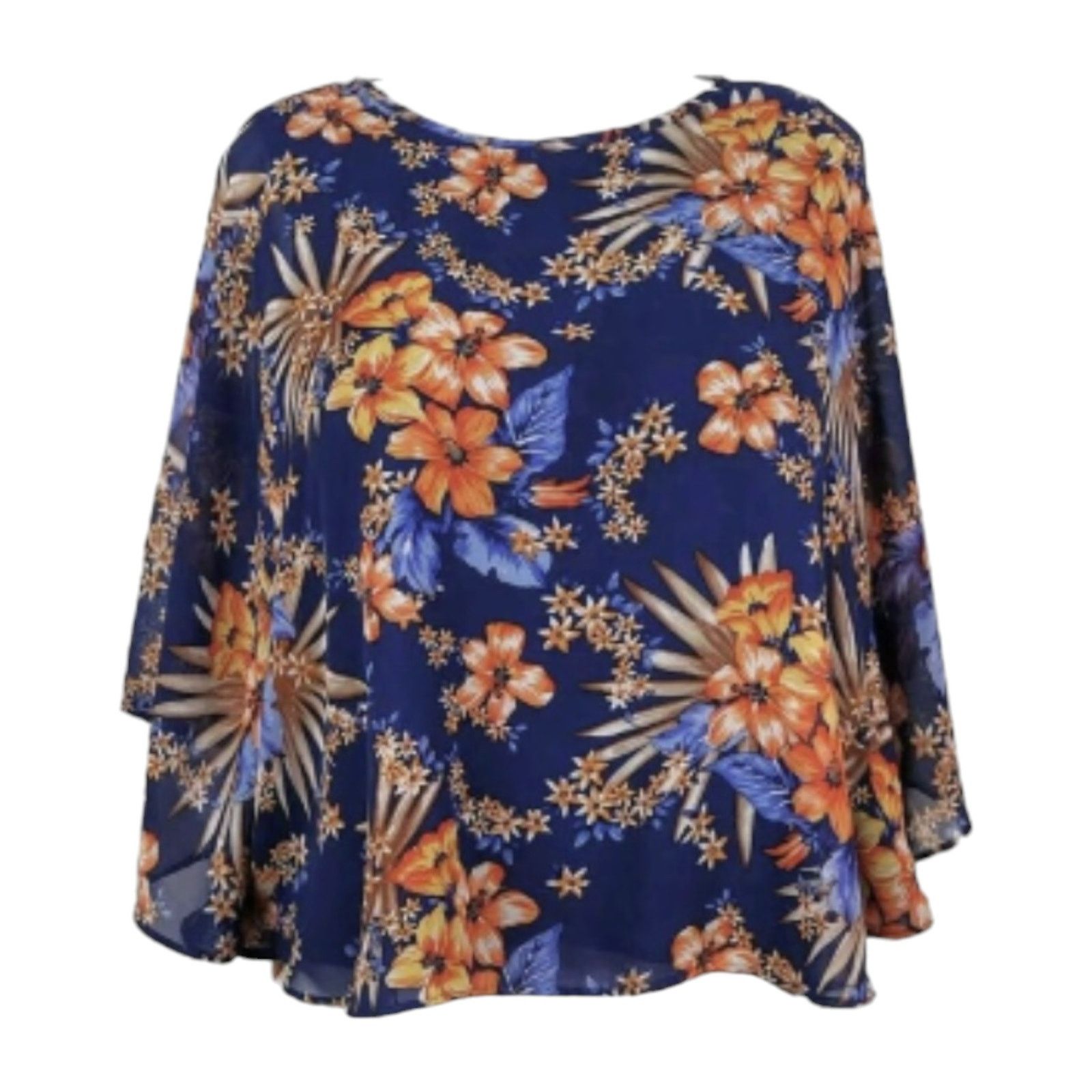 Other Faith & Joy Size XL Navy Blue Floral Butterfly Sleeve Blouse Size XL / US 12-14 / IT 48-50 - 1 Thumbnail