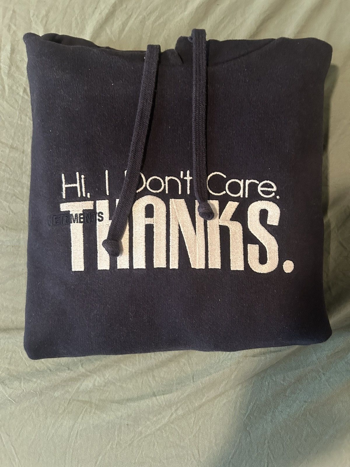 image of Vetements Thanks I Don’T Care Hoodie in Navy, Men's (Size XS)