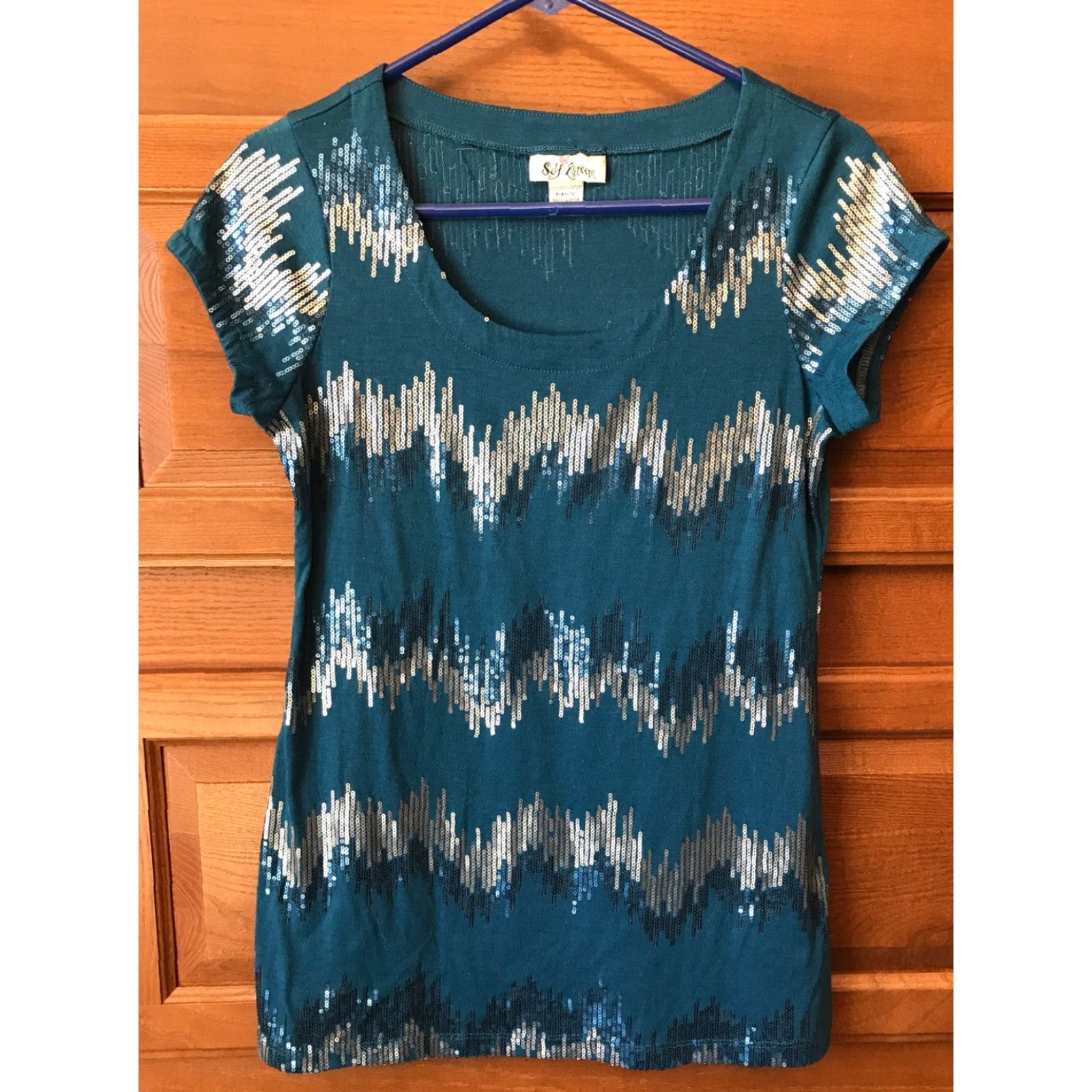Vintage Self Esteem Woman Top M Short Sleeve Blue Sequins B521 Blouse Women M Blue Sequins Size M / US 6-8 / IT 42-44 - 2 Thumbnail