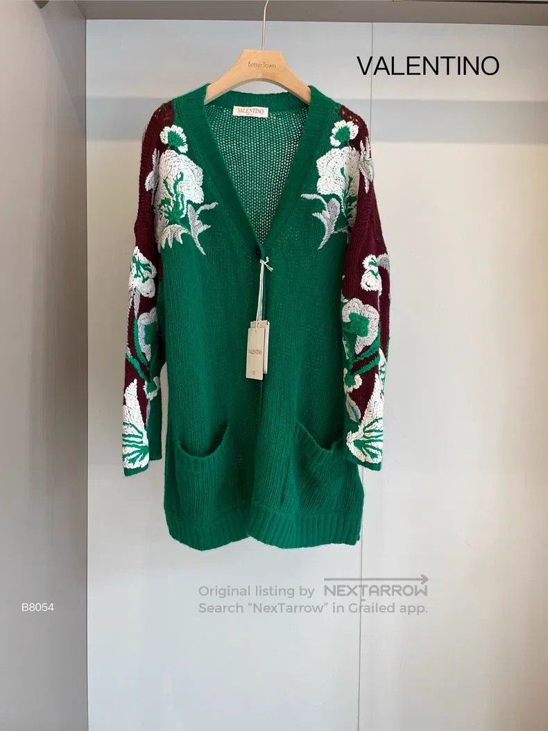 Valentino Valentino Green flower wool cardigan Size L / US 10 / IT 46 - 1 Thumbnail