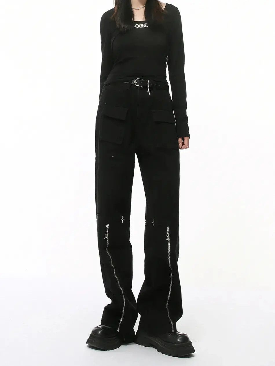 Japanese Brand Retro loose straight leg spliced zipper jeans Size US 32 / EU 48 - 4 Thumbnail