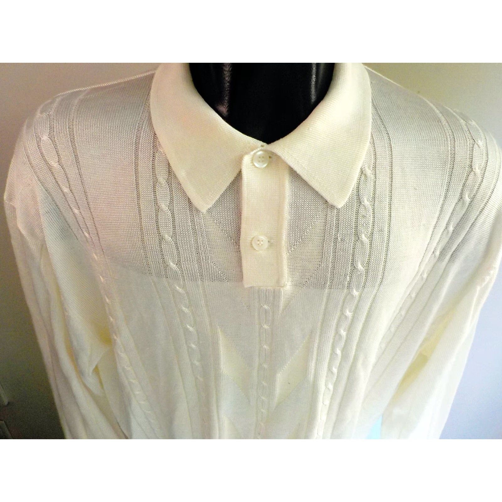 Vintage Arezzo Polo Style Sweater Ivory SZ LARGE NWT Rayon/Cotton Knit Cable-Pop Pullover Mens Size US L / EU 52-54 / 3 - 2 Thumbnail