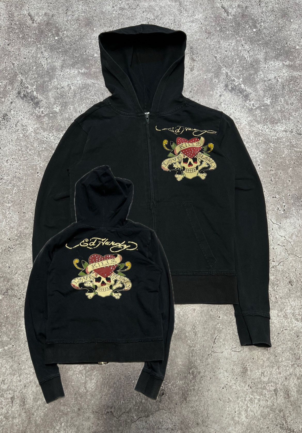 Vintage Y2K ED HARDY HOODIE ZIP HOODED bones skull skeleton