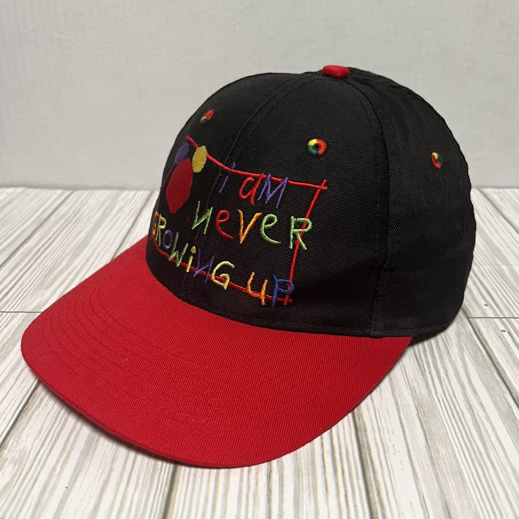 Disney VINTAGE Disney Hat Adult One Size Black I AM NEVER GROWING UP 90s Disney Snapback Mens Boys Size ONE SIZE - 3 Thumbnail