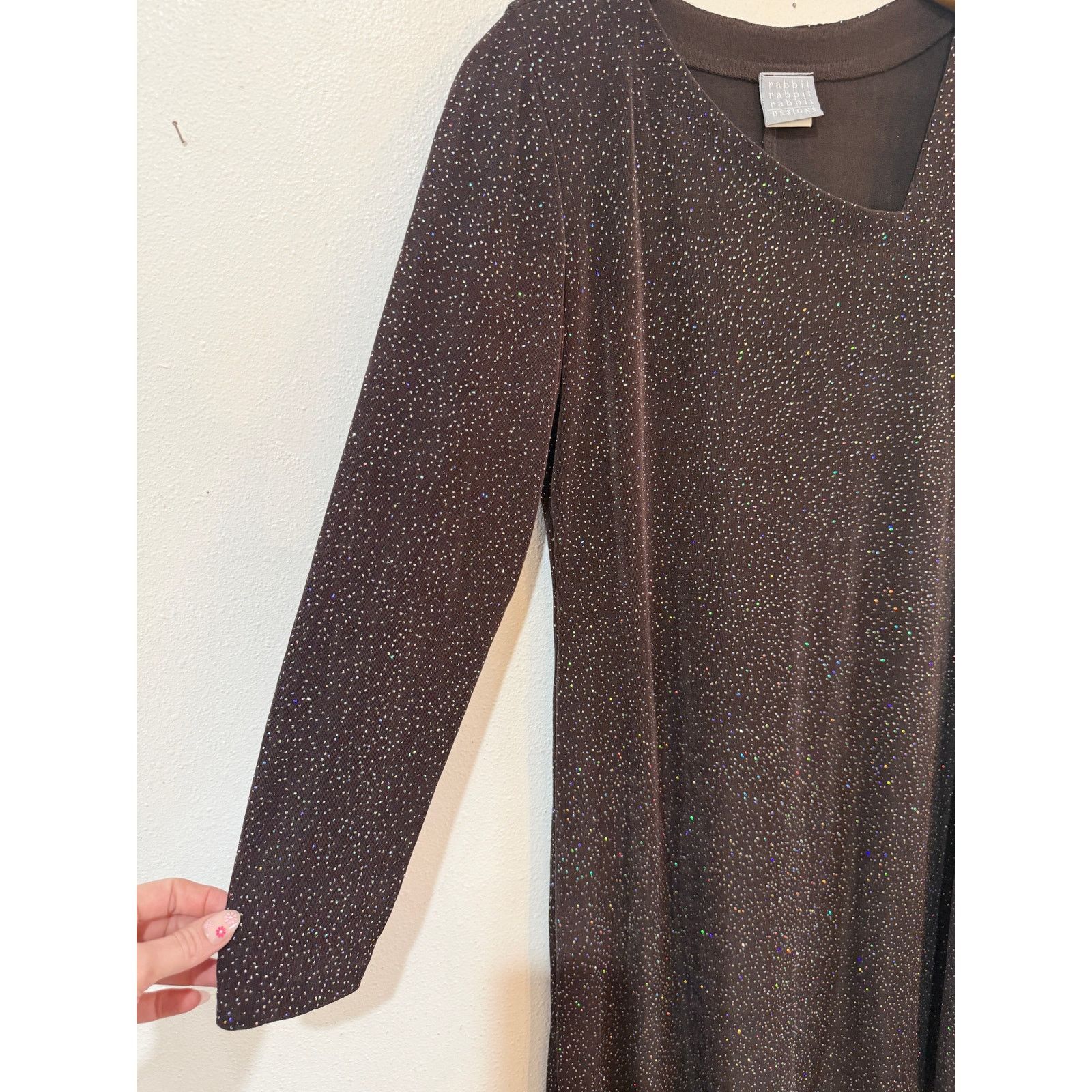 Other 90s Chocolate Brown Asymmetrical Neckline Sparkle Dress Size XL / US 12-14 / IT 48-50 - 7 Thumbnail