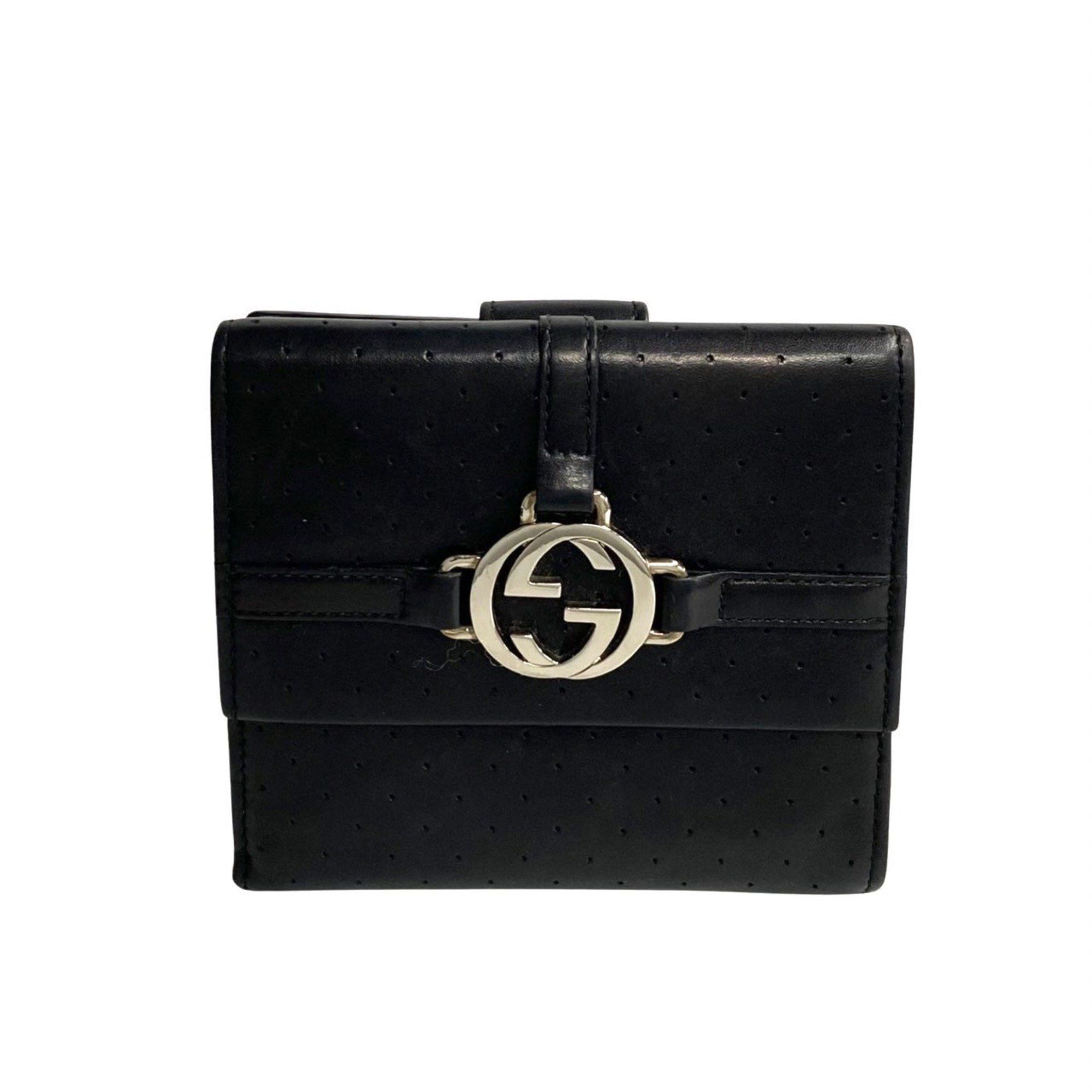image of Gucci GG Hardware Punching Leather Bifold Wallet Compact Black 19431, Women's