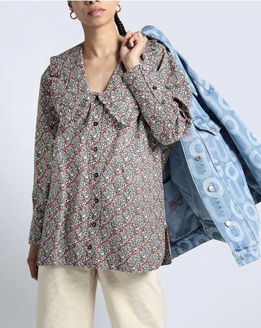 GANNI Printed Cotton Poplin V-neck Frill Collar Wide Shirt