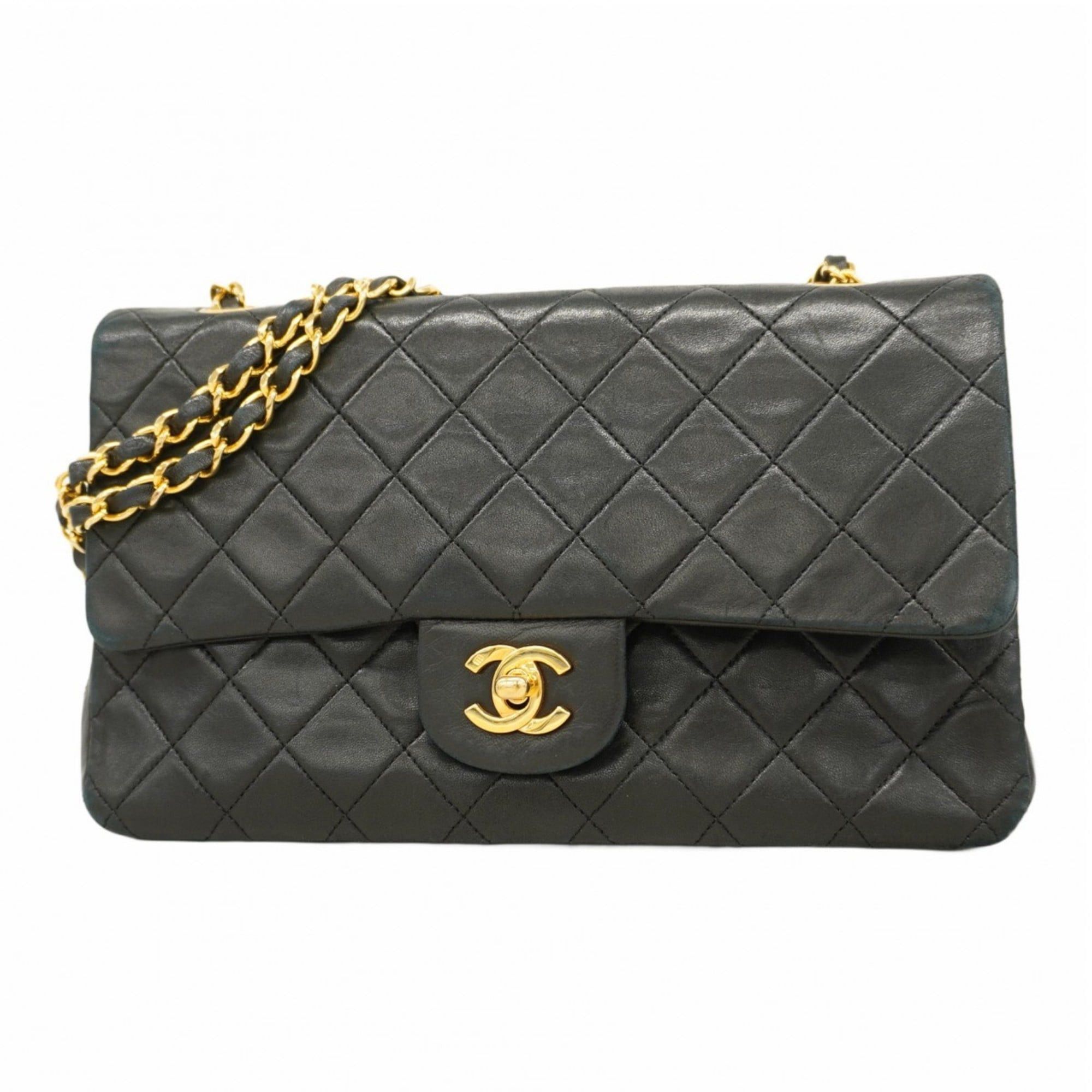 Chanel Matelasse Shoulder Bag with Double Flap and Chain Lambskin Black Women's