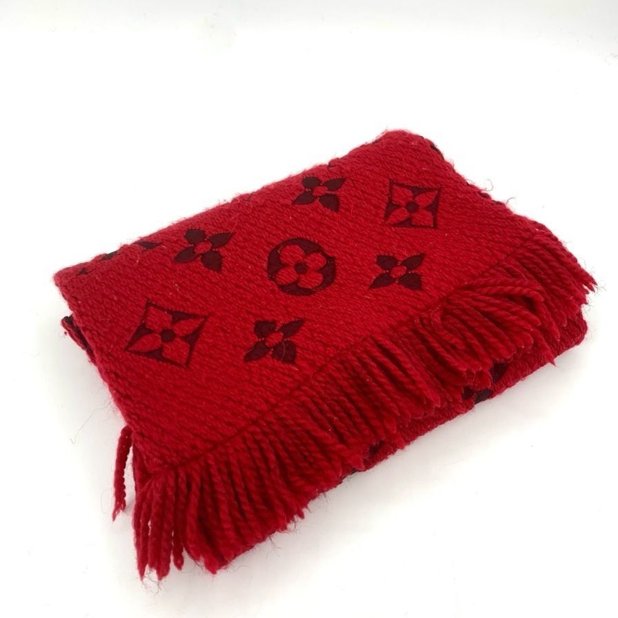Louis Vuitton Louis Vuitton Red Wool & Silk Monogram Logo Scarf With Fring Size ONE SIZE - 1 Thumbnail
