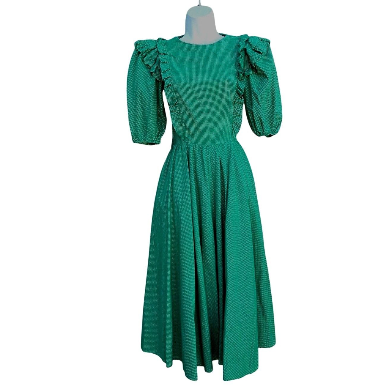 Vintage 1980s Belle France Kelly Green Prairie Dress Cotton Ruffle M Size S / US 4 / IT 40 - 1 Thumbnail