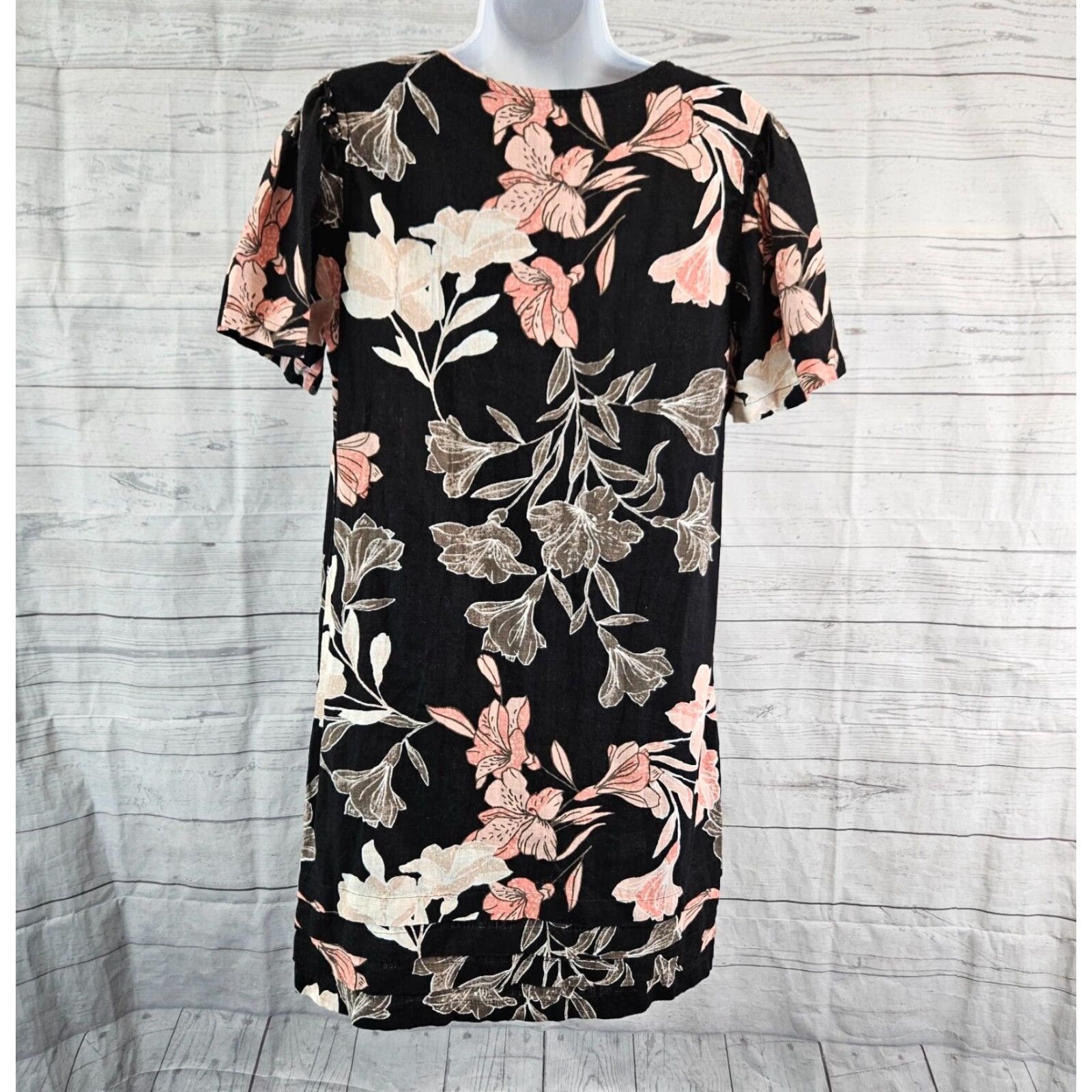 Nicole Miller Nicole Miller Womens Dress L Black Floral Short Sleeve Linen Blend Size 36" / US 14 / IT 50 - 4 Thumbnail