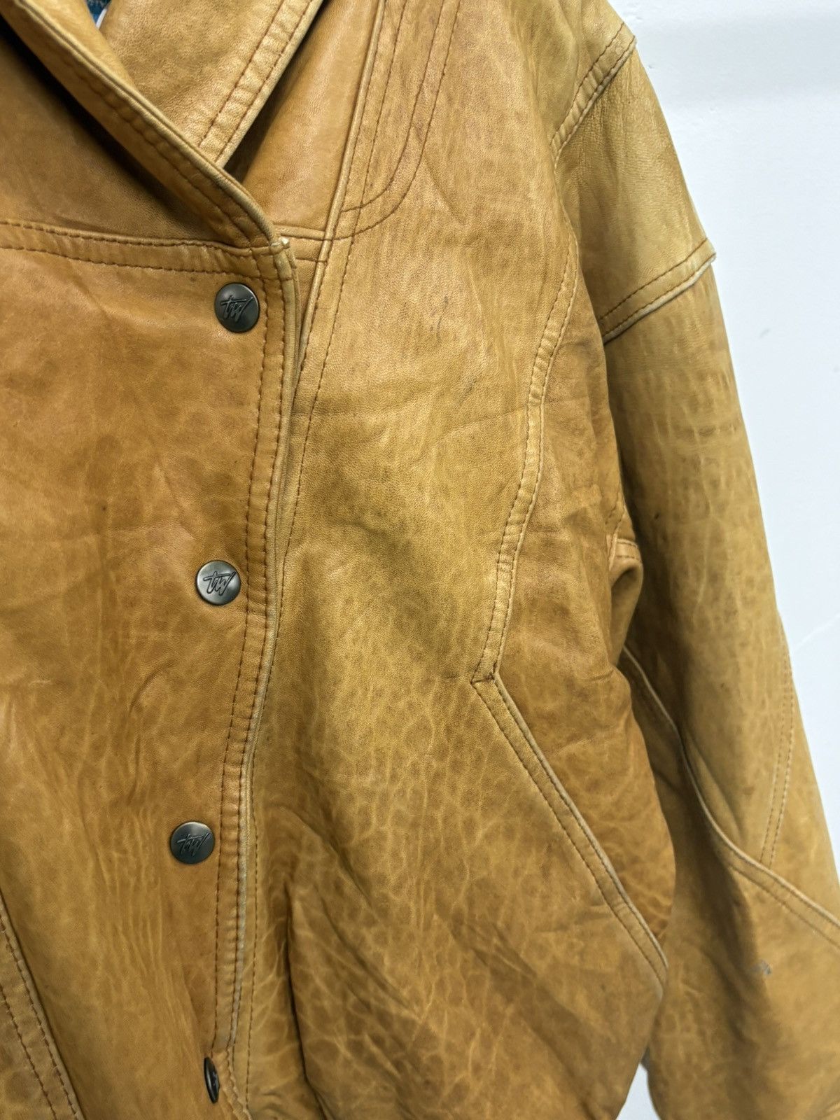 Rare Vintage 80s Patina Leather Bomber Jacket Double Collar
