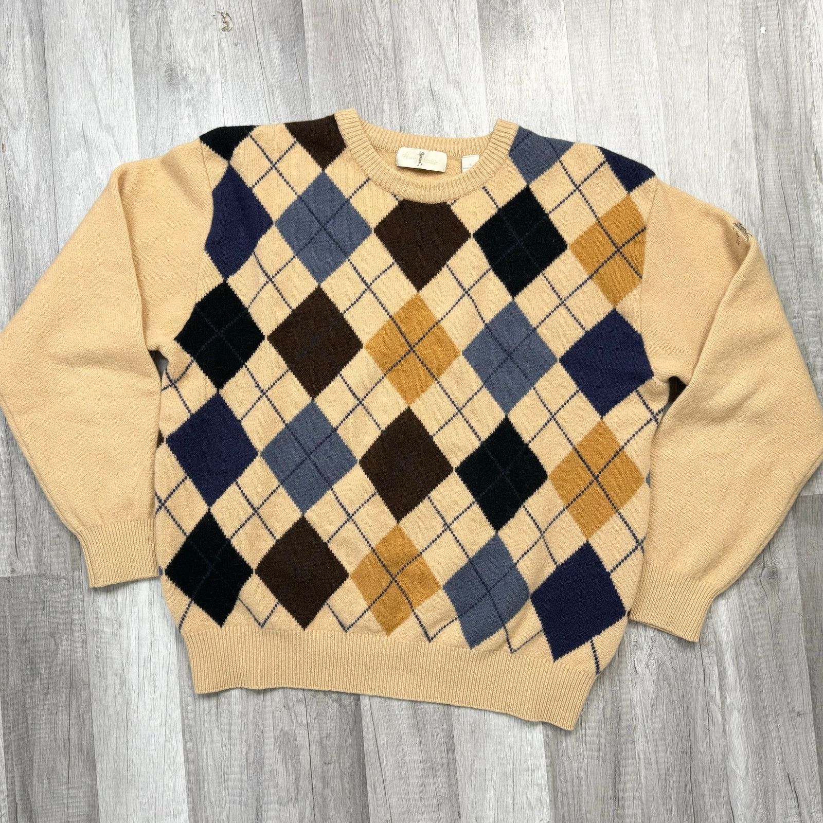 Vintage Harry Vardon 100% Wool Argyle Tan Blue Sweater Crewneck Golf Size US L / EU 52-54 / 3 - 1 Thumbnail