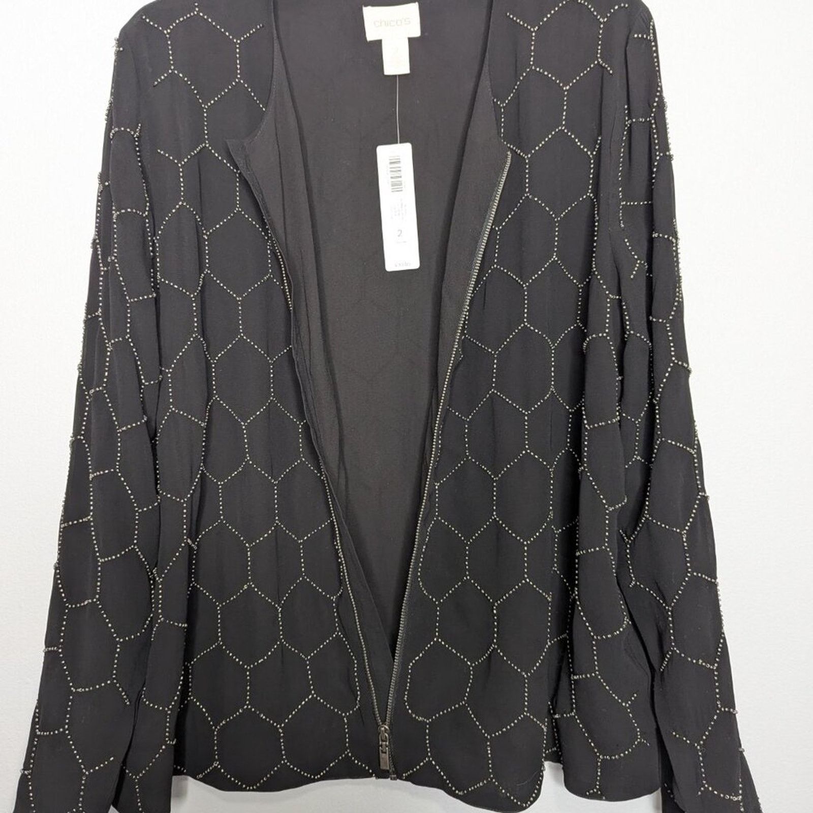 Chicos Chico's Black Long Sleeve Beaded Bomber Jacket Full Zip NWT Size L / US 10 / IT 46 - 4 Thumbnail