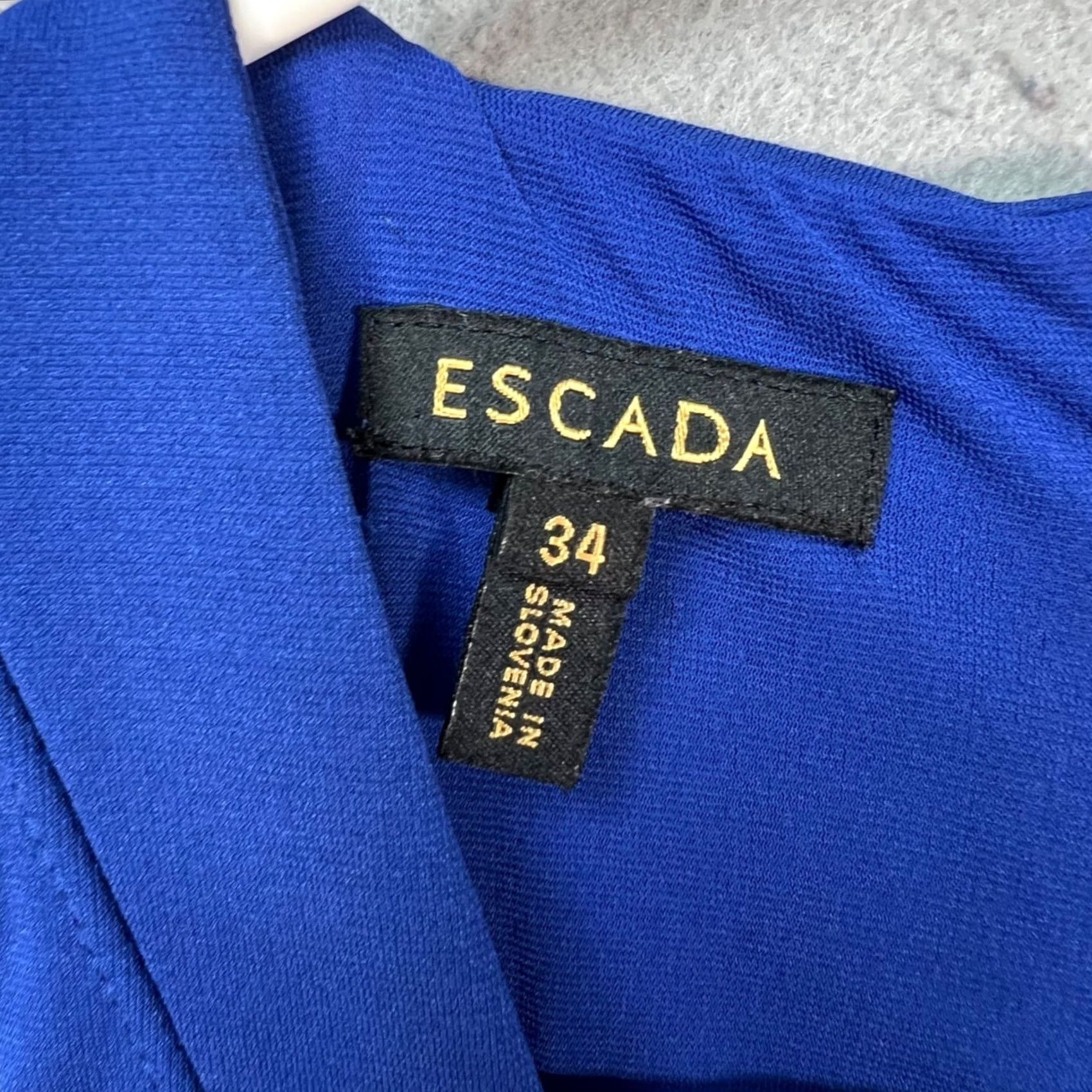 Escada Escada Dress Blue V-Neck Short Sleeve Sheath Size 34 Womens 34 Party Cocktail Knee Length Satin/Viscose 8/10 Size XXS / US 00 / IT 34 - 3 Thumbnail
