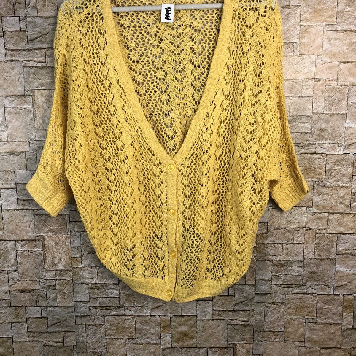 Japanese Brand C.O.L.Z.A yellow meshnet crochet Cardigan Knitwear #A943 Size M / US 6-8 / IT 42-44 - 3 Thumbnail