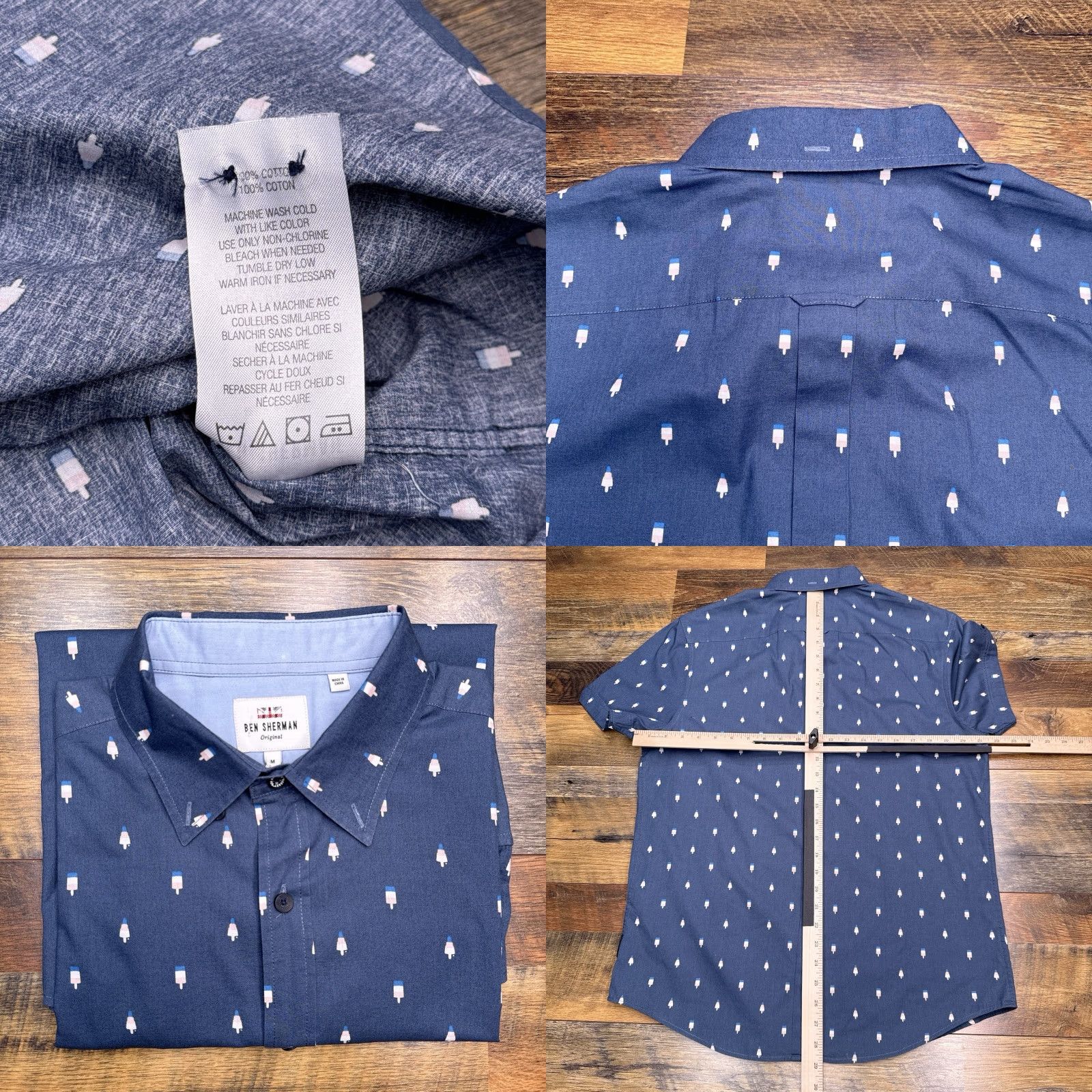 Ben Sherman Ben Sherman Shirt Mens M Blue Button-Up Summer Casual Ice Cream Solid Short Sleeve 90s? Size US M / EU 48-50 / 2 - 8 Thumbnail