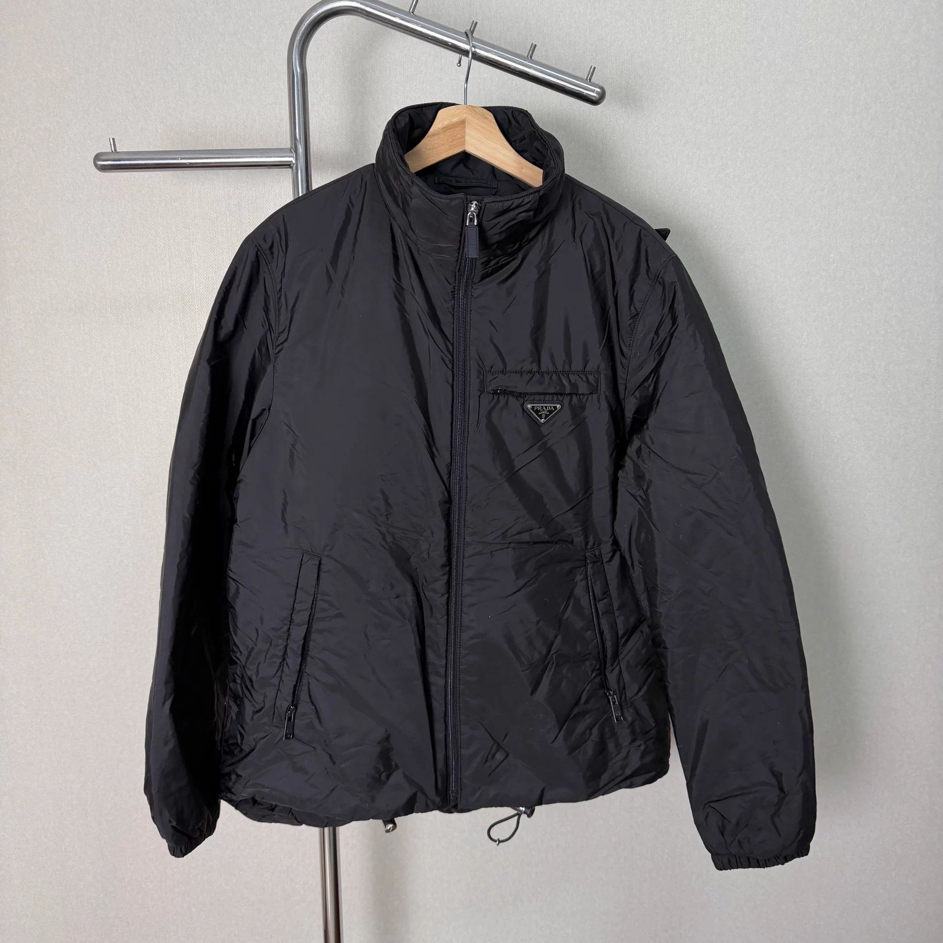 PRADA Men's Solid Removable Hood Zip Longsleeve Jkt Black 50