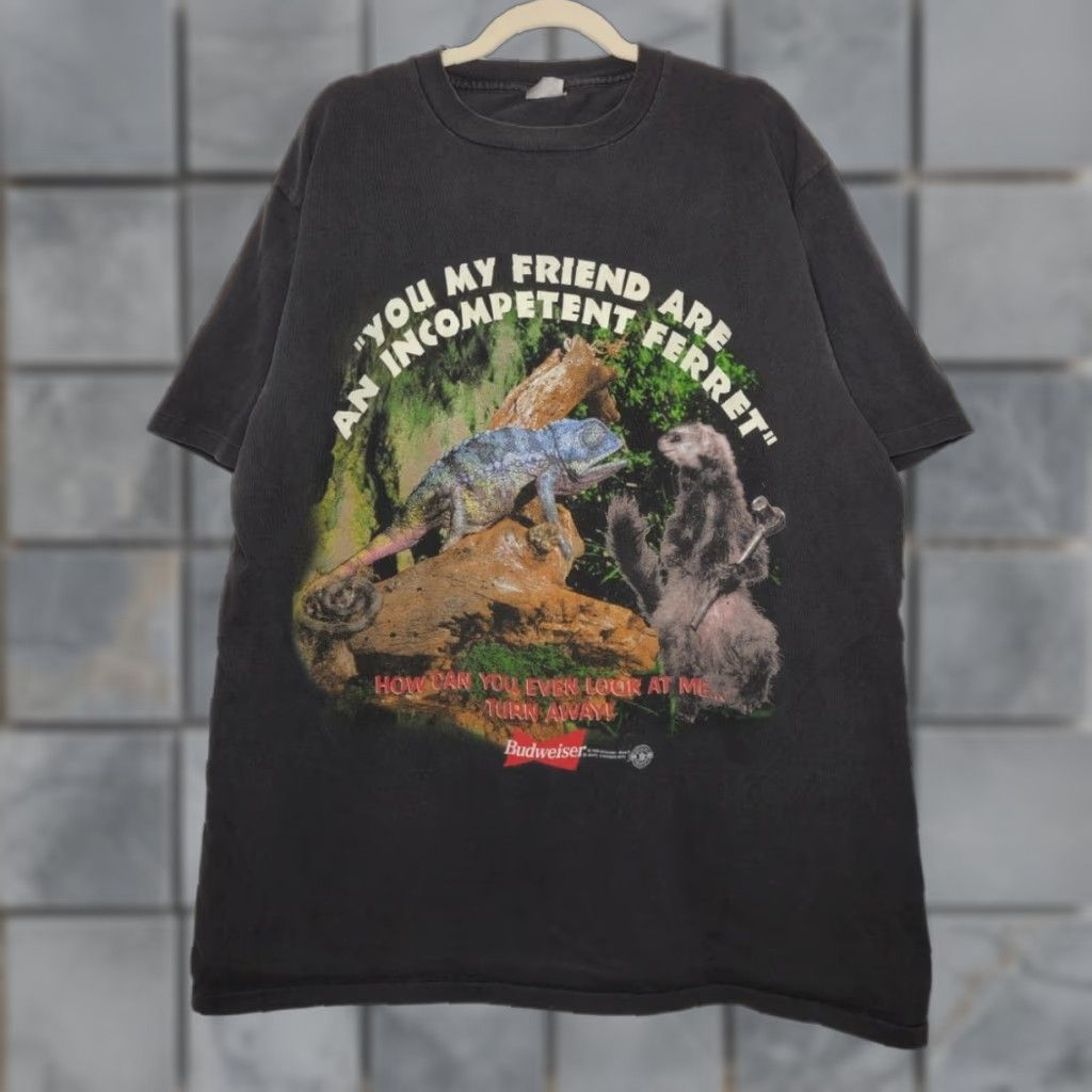 VINTAGE Budweiser Incompetent Ferret Single Stitch Black Shirt Promo Beer Unisex Adults 2XL Black
