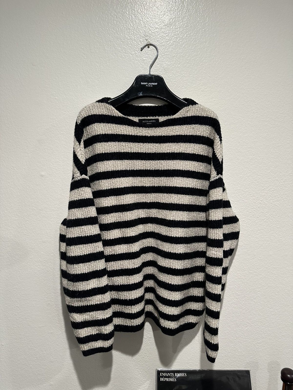 image of Allsaints Striped Knit Sweater in White/Black, Men's (Size XL)