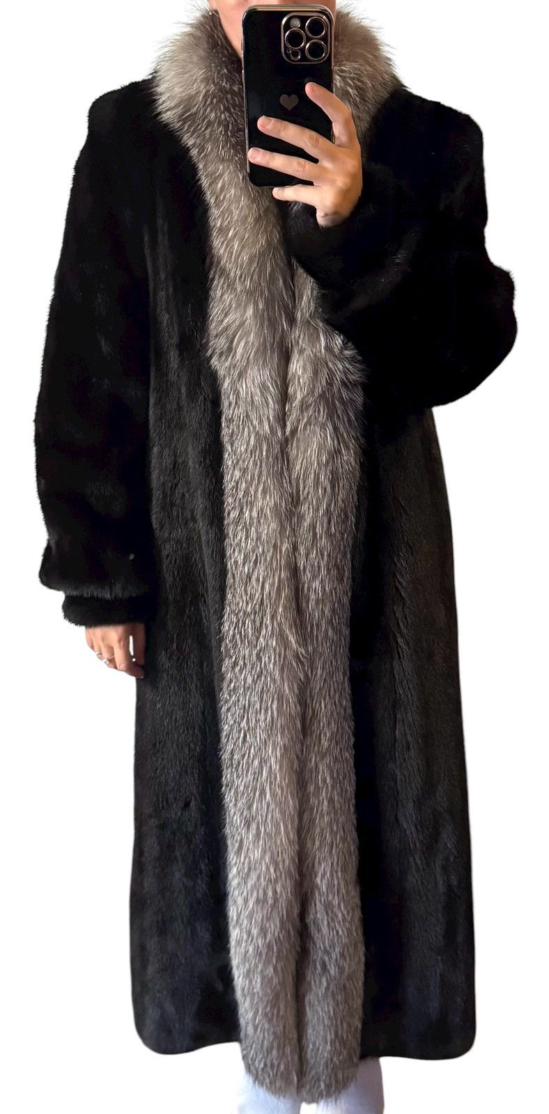 Luxury black mink cost with silver fox tuxedo