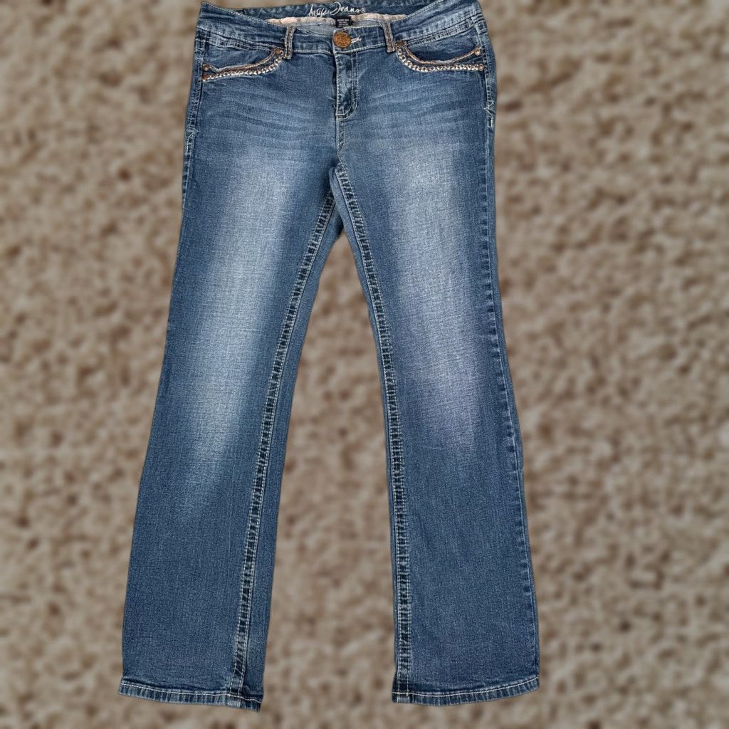 Denime Ariya Jeans Pants Juniors 15 Blue Denim Flared Mid Rise 32x31 Embroidered Distressed Stretch Cotton Size 36" / US 14 / IT 50 - 1 Thumbnail