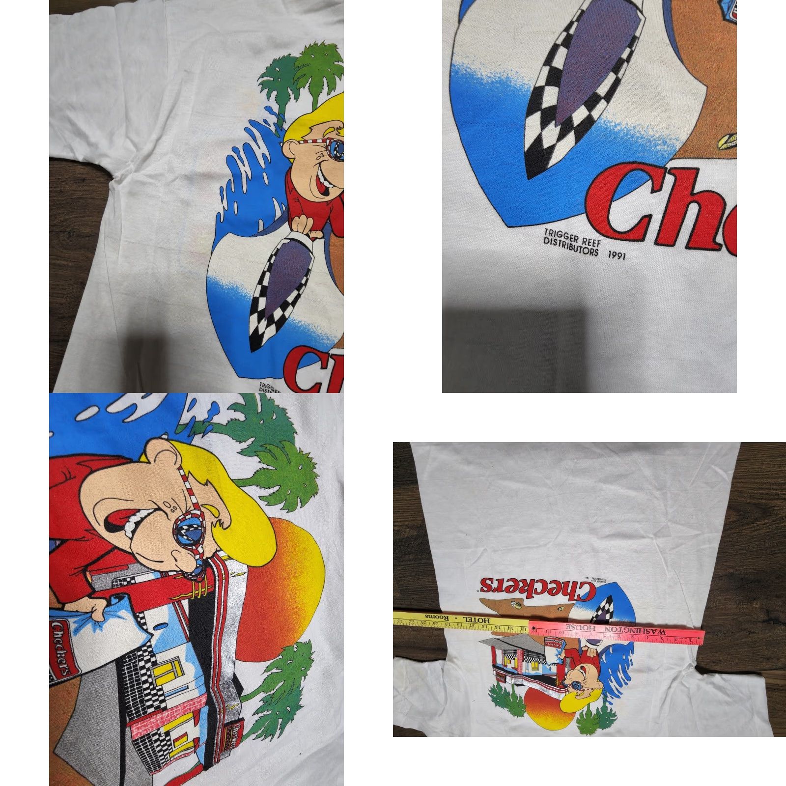 Vintage VINTAGE Screen Stars T-Shirt Mens L White 90s Retro Double-Sided Distress Checkers Fast Foot Promo Resturaunt Logo Graphic Print Shirt Men Size US L / EU 52-54 / 3 - 8 Thumbnail