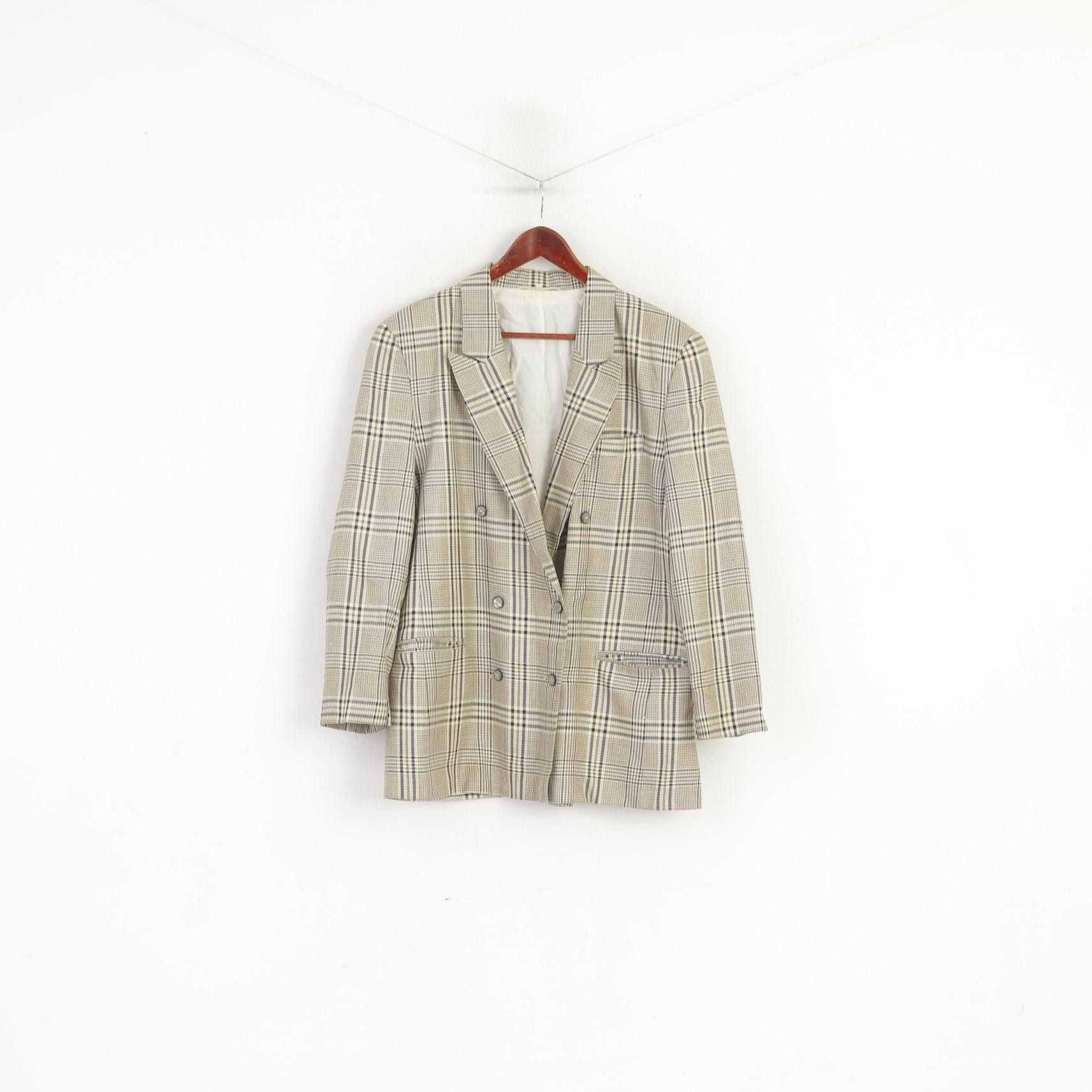 Vintage Sebastiano Women 42 XL Blazer Beige Wool Check 6220 Size L / US 10 / IT 46 - 2 Thumbnail
