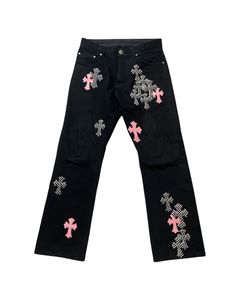 Chrome Hearts Pink checkered pony hair cross patch fleur knee