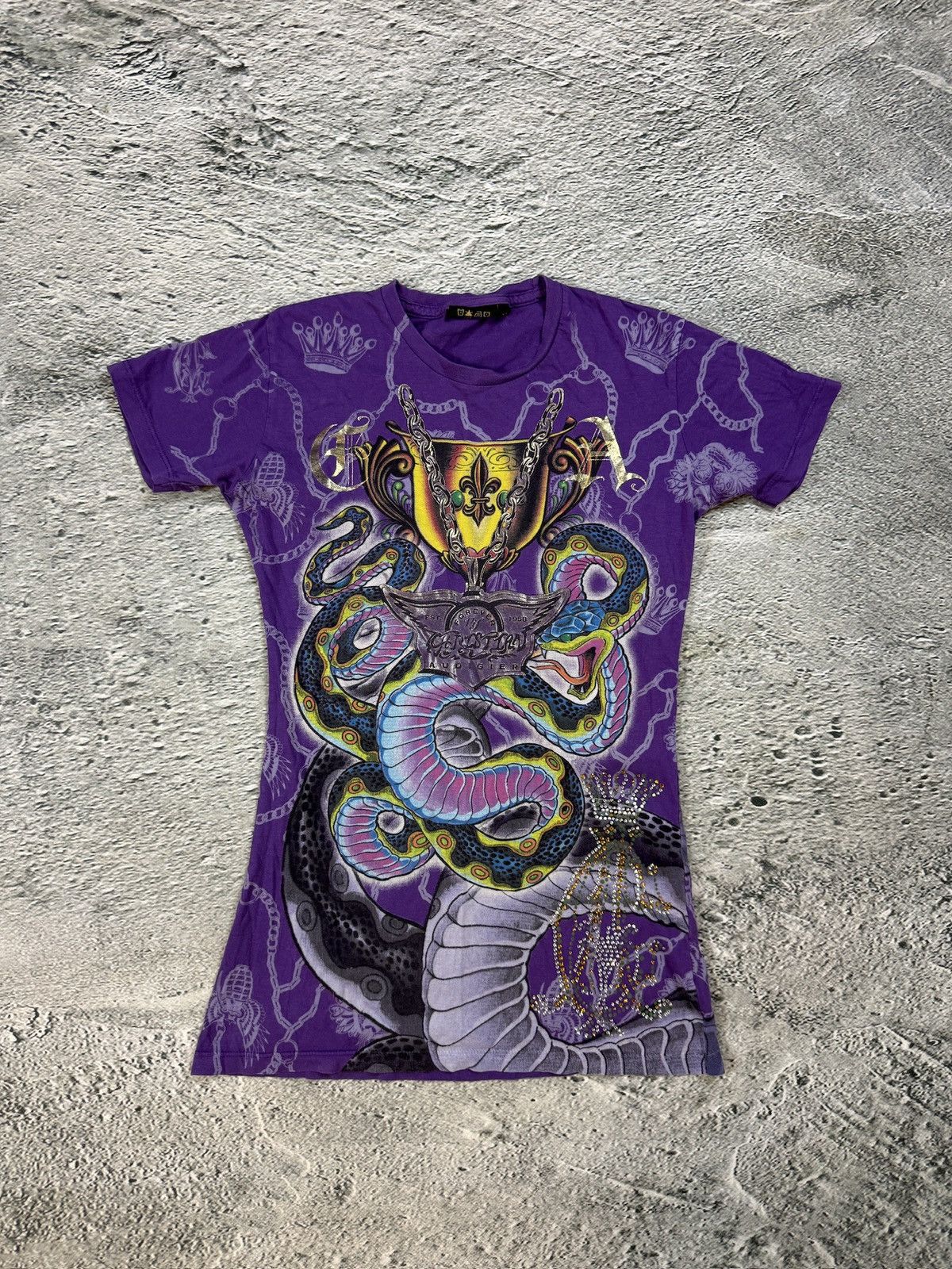 Christian Audigier Ed Hardy Christian Audigier vintage purple Tshirt Rhinestone Size M / US 6-8 / IT 42-44 - 1 Thumbnail