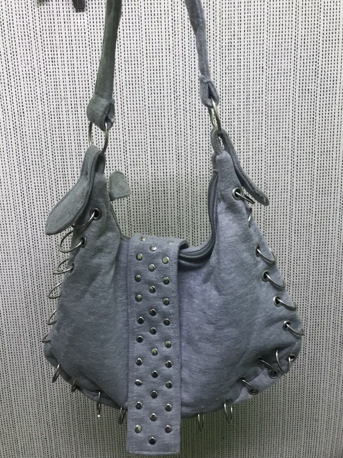 Japanese Brand “Grey Studded Punk Shoulder Bag with Grommet Lace-Up Design” Size ONE SIZE - 8 Thumbnail