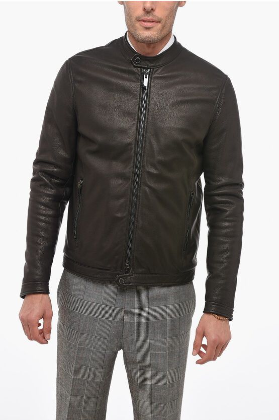 image of Tagliatore Textured Leather Biker Jacket With Frontal Zip in Black, Men's (Size Medium)