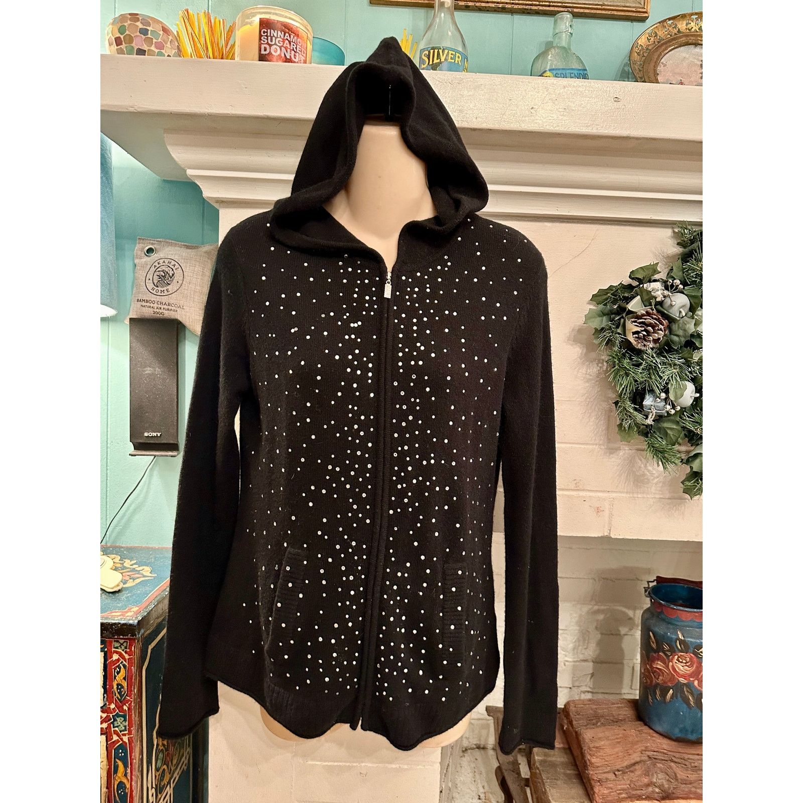 Other VINTAGE BLACK 100% CASHMERE RHINESTONE HOODIE S SUPER LUXE! Size S / US 4 / IT 40 - 2 Thumbnail