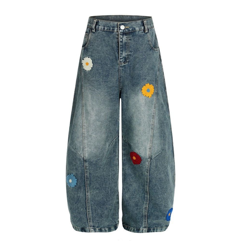 Jean Punk washed distressed floral embroidered scimitar jeans Size US 34 / EU 50 - 1 Thumbnail
