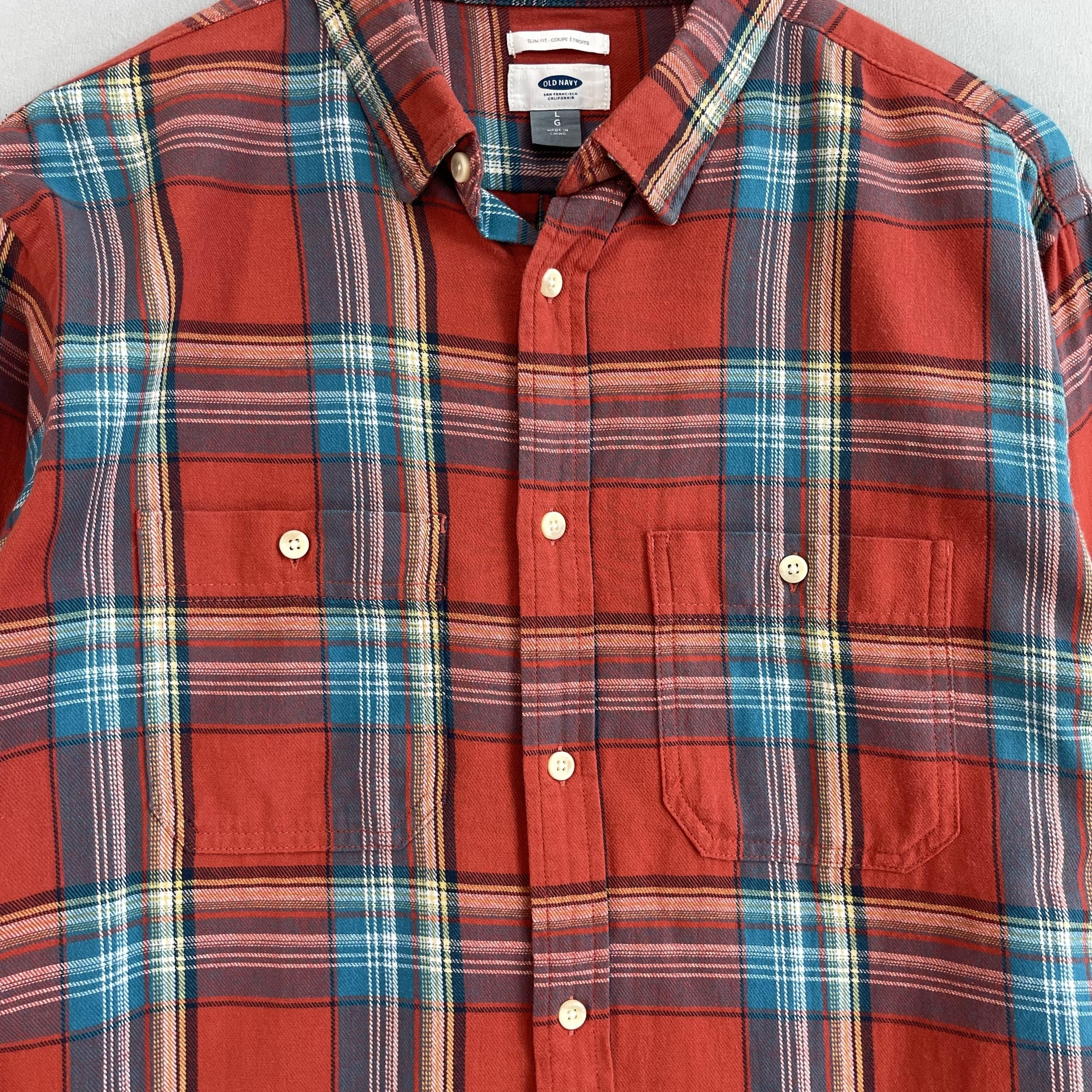 Flannel × Japanese Brand Vintage Old Navy Plaid Tartan Orange Button Up Flannel Size US L / EU 52-54 / 3 - 2 Thumbnail
