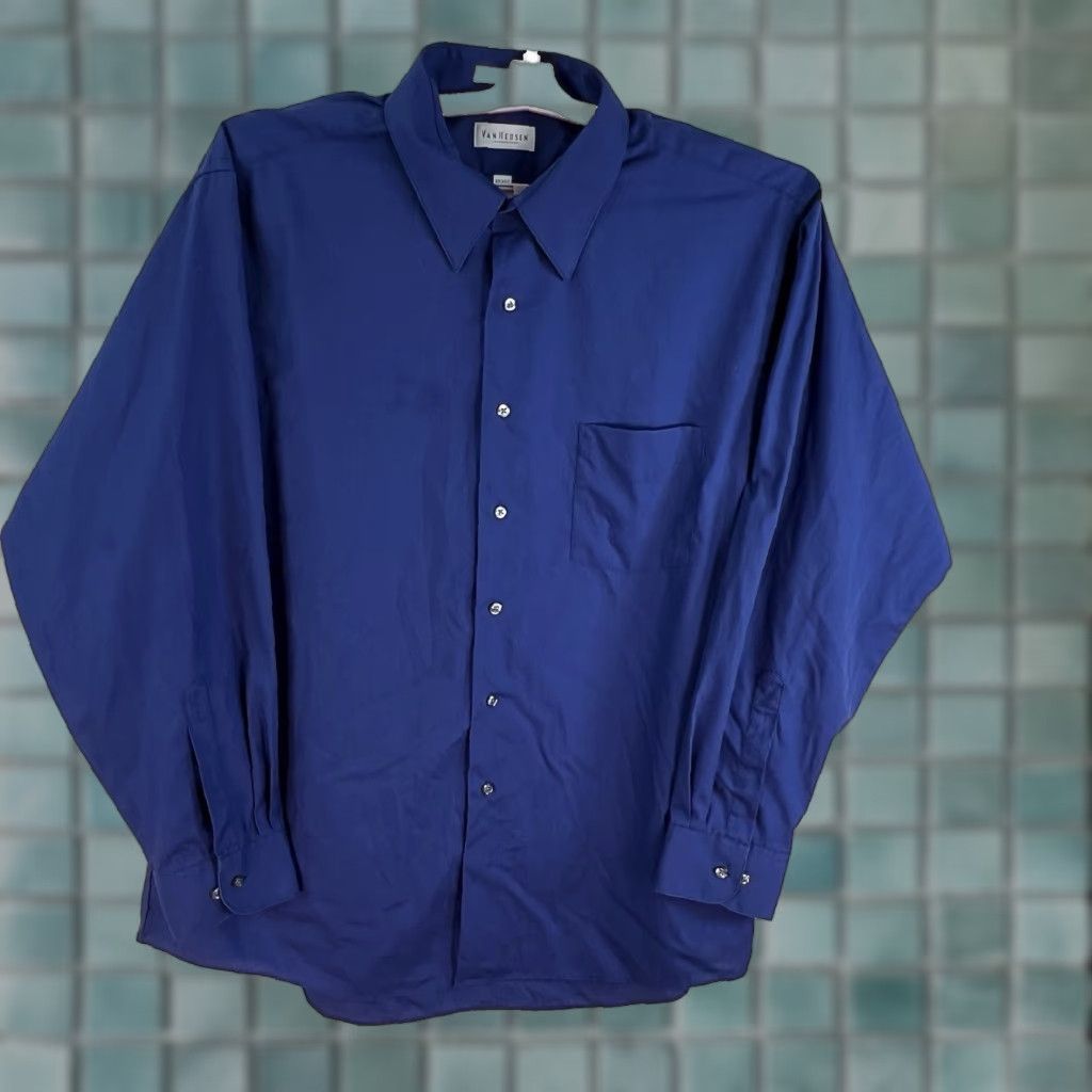 Van Heusen Van Heusen Button-Up Shirt Mens 17.5 / 35 Blue Long Sleeve Wrinkle Free Casual Size US XL / EU 56 / 4 - 1 Thumbnail