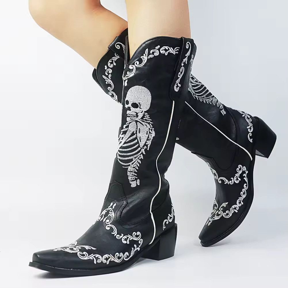 Vintage Gothic Punk Embroidered Skeleton Pattern Heel Boots Size US 9 / IT 39 - 1 Thumbnail