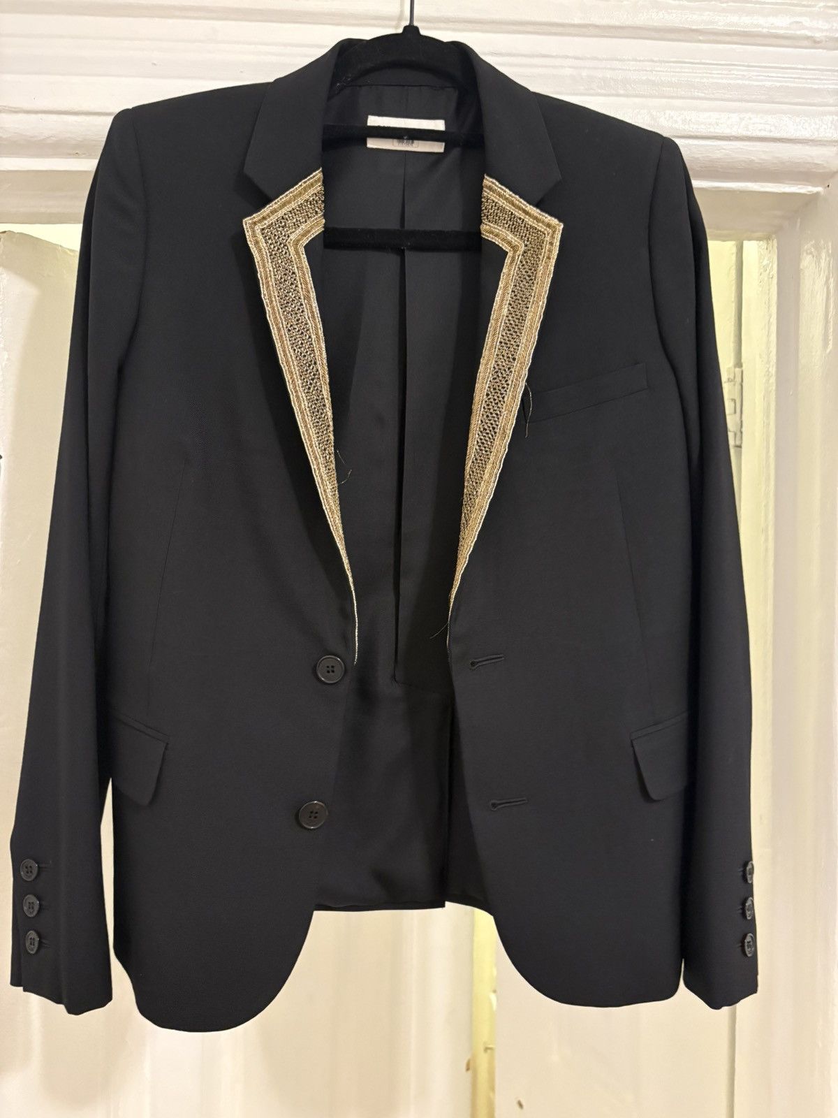 Saint Laurent Paris Saint Laurent Black Wool Blazer with Gold Embroidered Lapels Size 38R - 1 Thumbnail