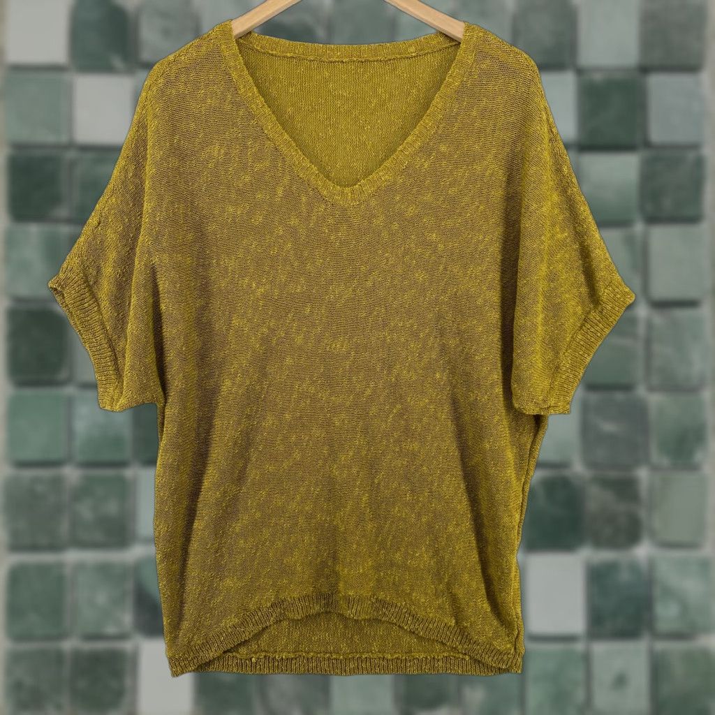EILEEN FISHER Sweater PM Petite V-Neck Tunic Green Linen Cotton