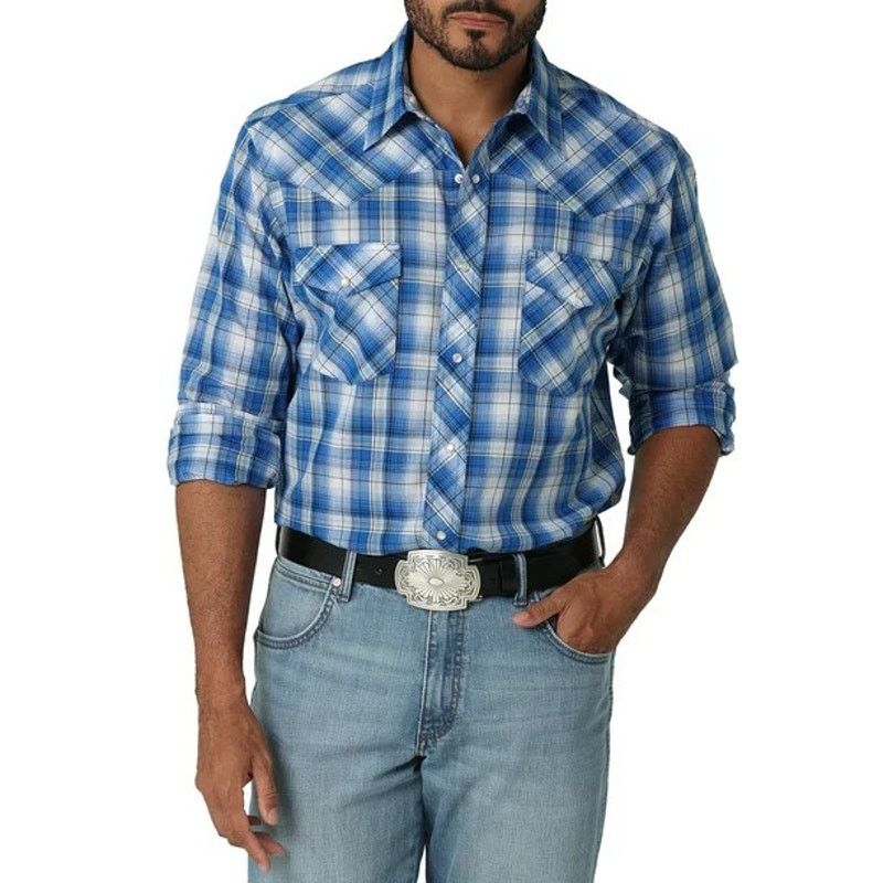 Wrangler NWOT Wrangler Western Snap Shirt Blue Plaid Check Men L Size US L / EU 52-54 / 3 - 1 Thumbnail
