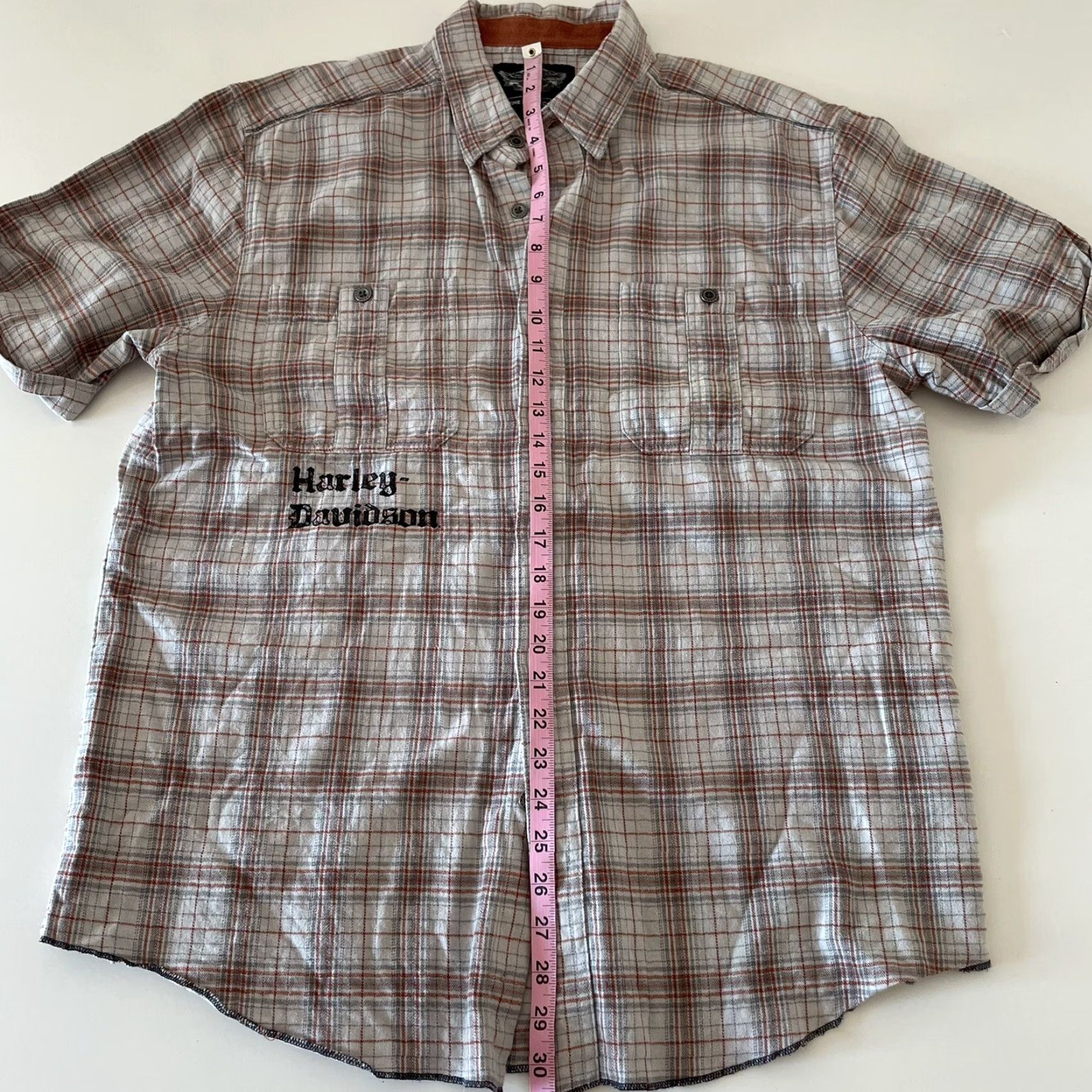 Harley Davidson Harley-Davidson Short Sleeve Plaid Flannel Button-Up Shirt Mens L Beige Gray Size US L / EU 52-54 / 3 - 5 Thumbnail