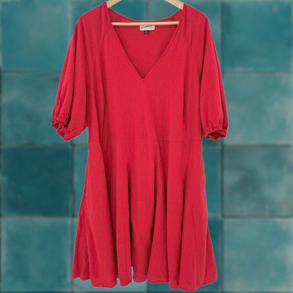 Vintage Universal Thread Dress Womens 2XL Red Neck Puff Sleeve Mini Cotton Rayon Pocketed Size XXL / US 16-18 / IT 52-54 - 1 Thumbnail