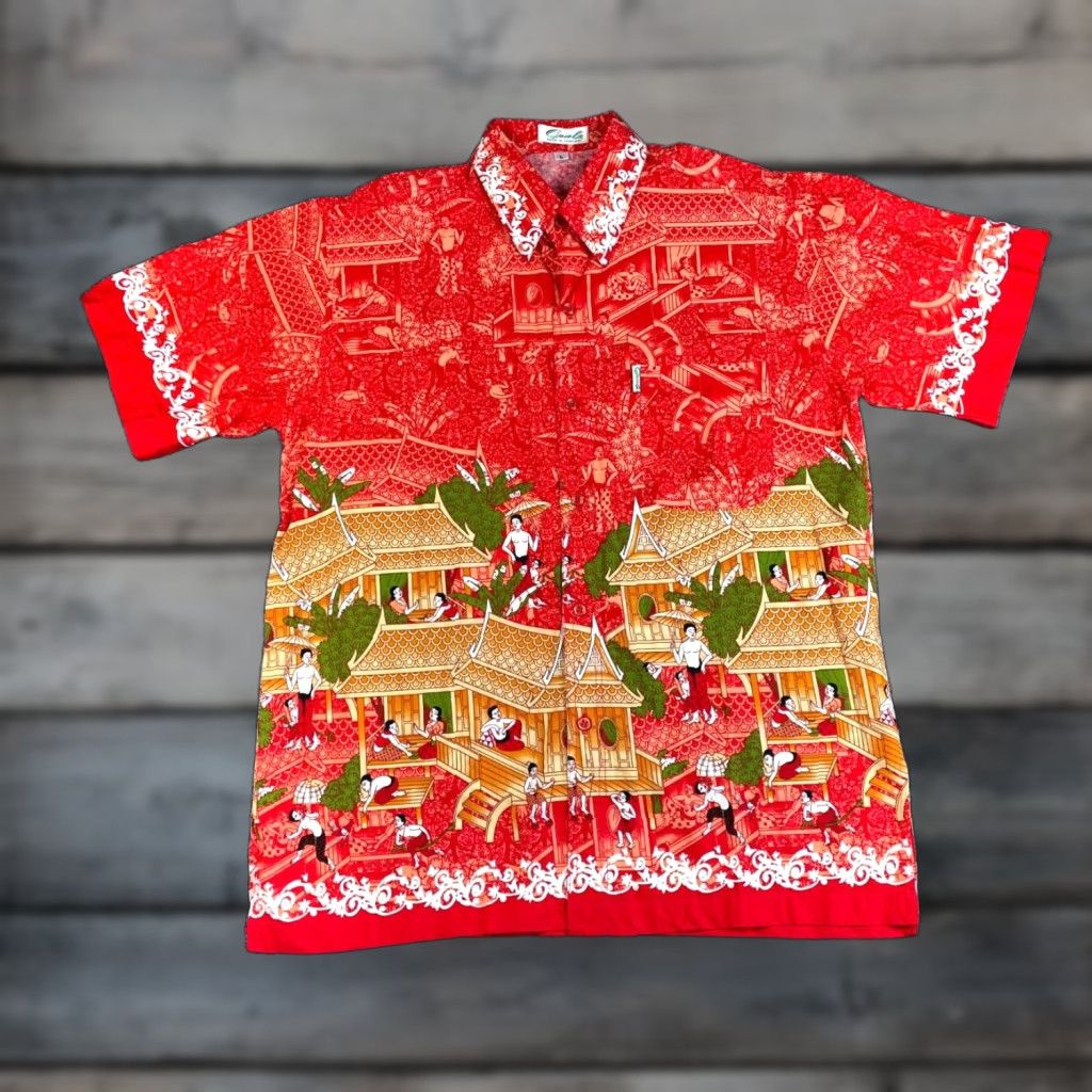 Vintage VINTAGE Ancient Japan Geometric Pattern Shirt Adult Large Red Button-Up Opal Tag Retro Mens Size US L / EU 52-54 / 3 - 1 Thumbnail