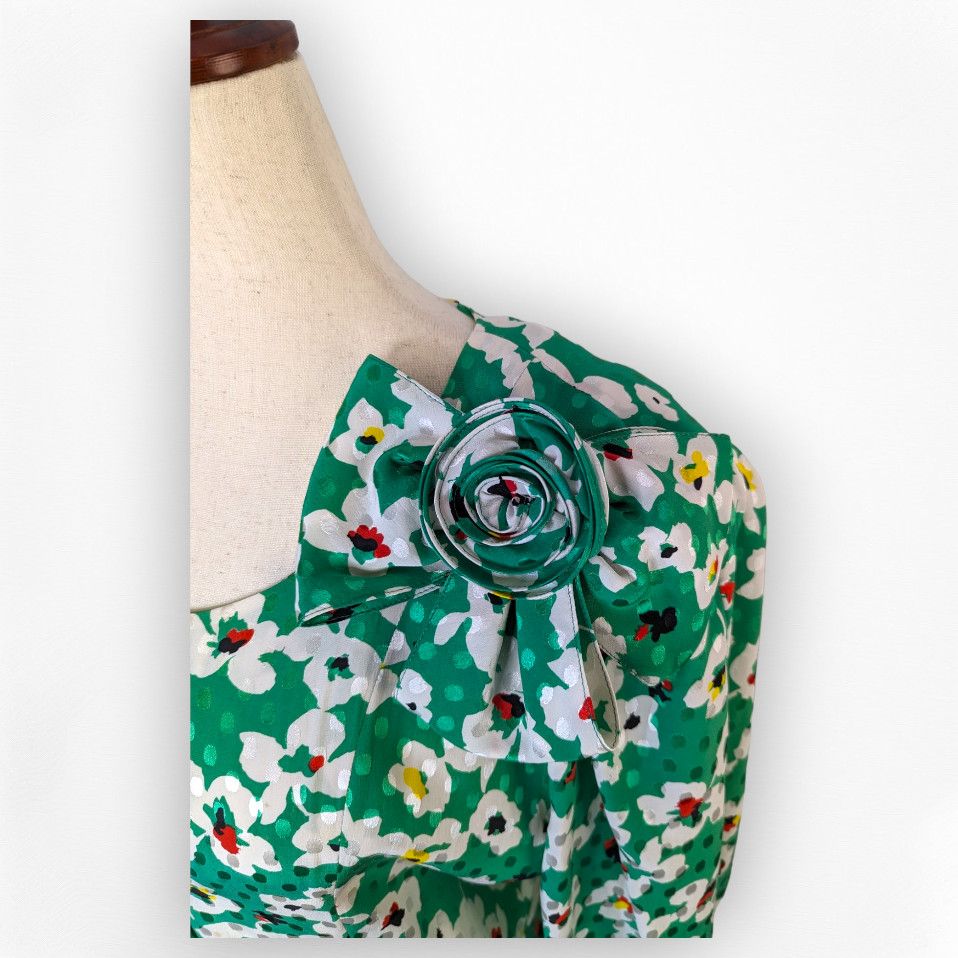 Nina Ricci × Vintage Vintage 80s kelly green floral silk dress sz FR 46 US 12 Size XL / US 12-14 / IT 48-50 - 3 Thumbnail
