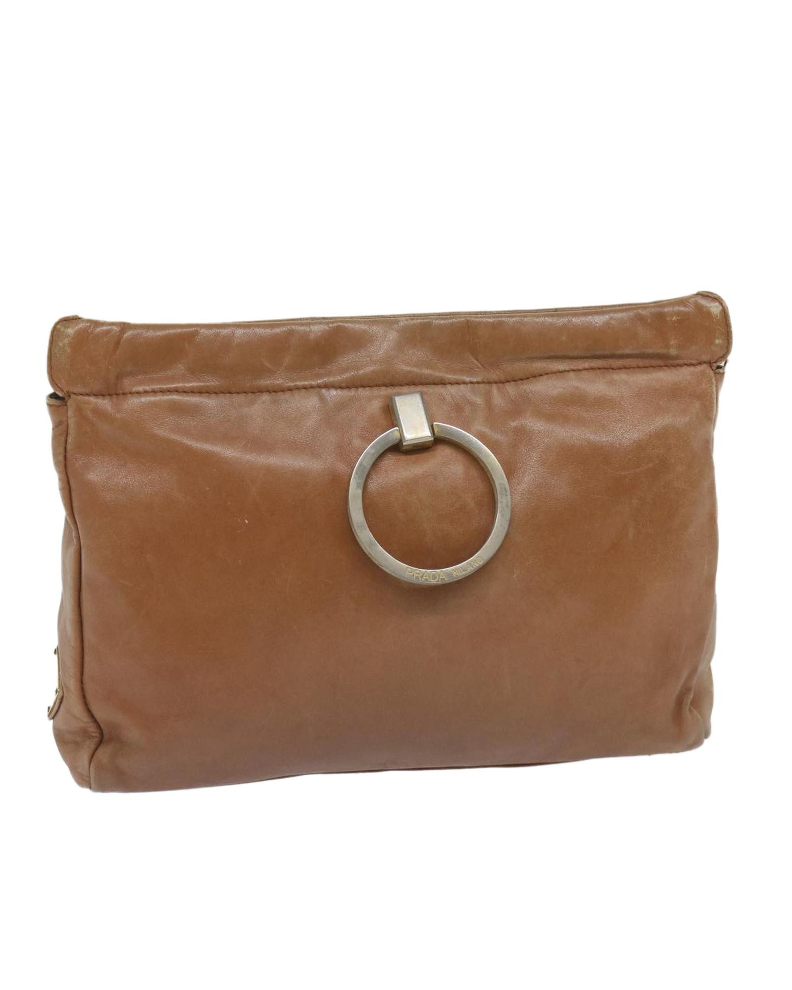 image of Prada Brown Leather Pouch With Minimalist Design, Women's