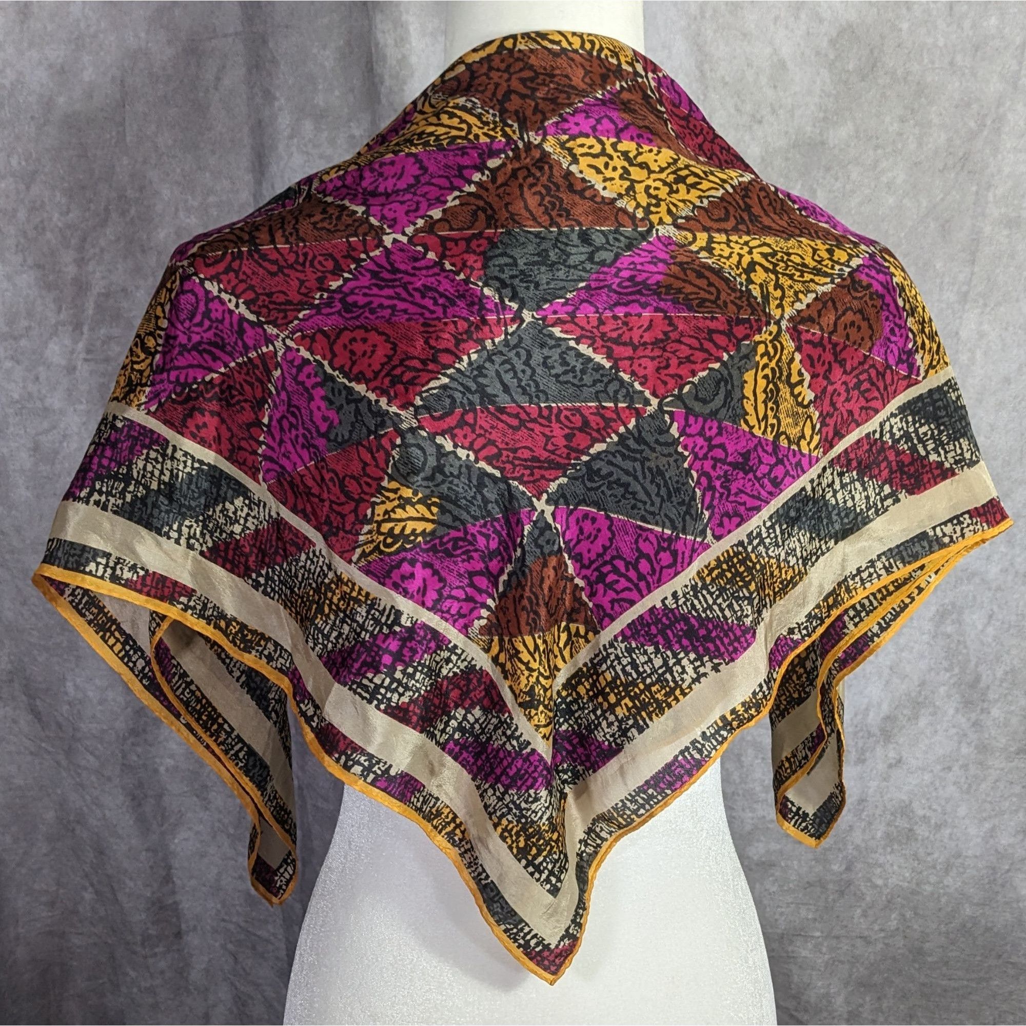 Other Vintage Honey Silk Scarf With Bold Geometric & Floral Print Size ONE SIZE - 8 Thumbnail