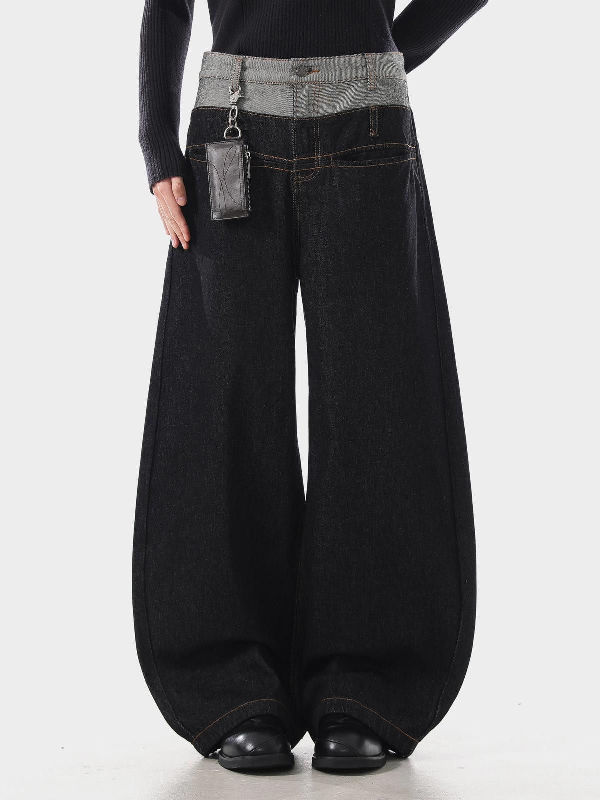 Japanese Brand Black Wide Leg Denim Jeans, Baggy Barrel Leg Jeans Size US 32 / EU 48 - 2 Thumbnail