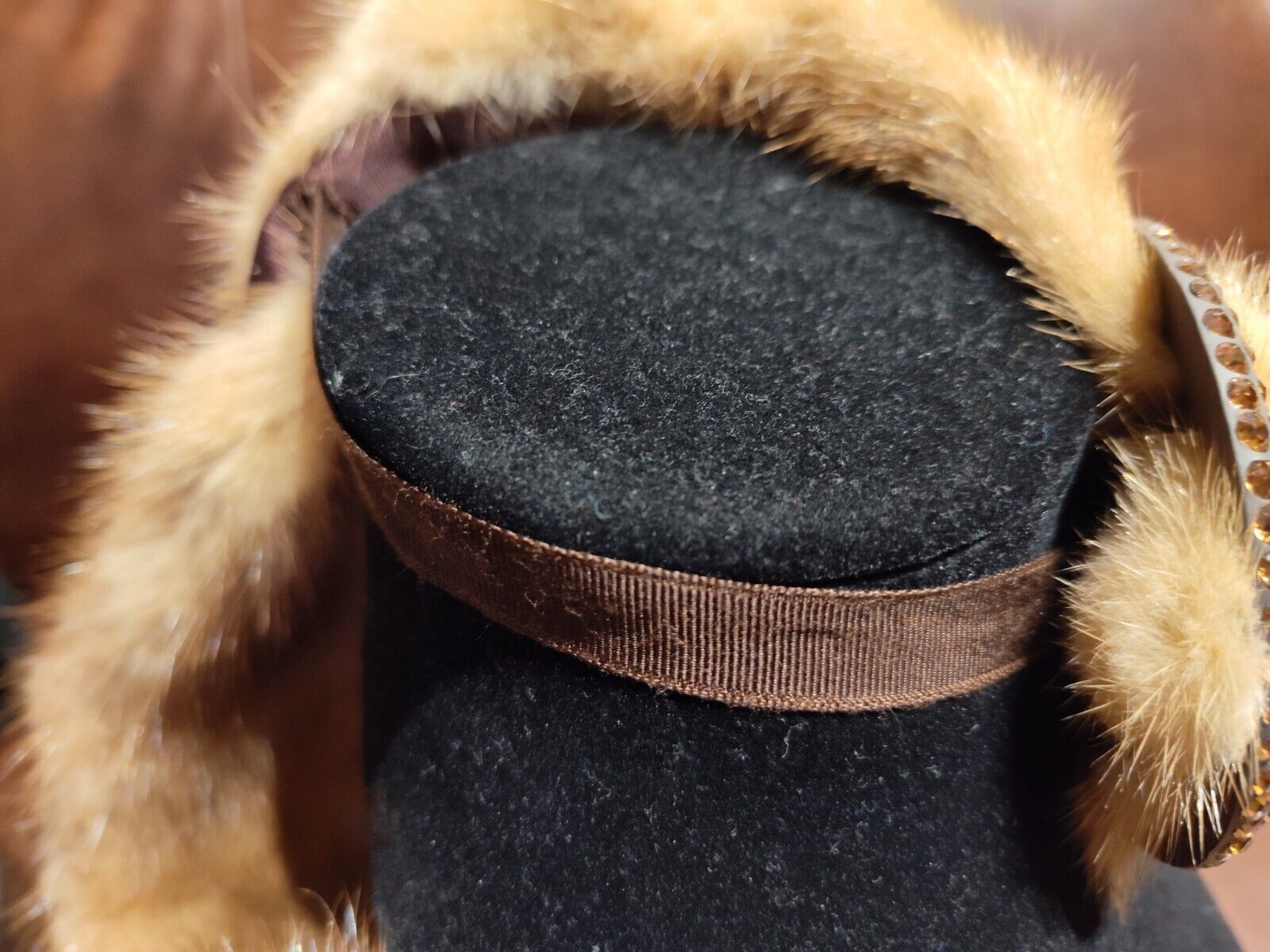 Vtg Genuine Minkfur 37 x3 Belt w/Rhinestone Buckle
