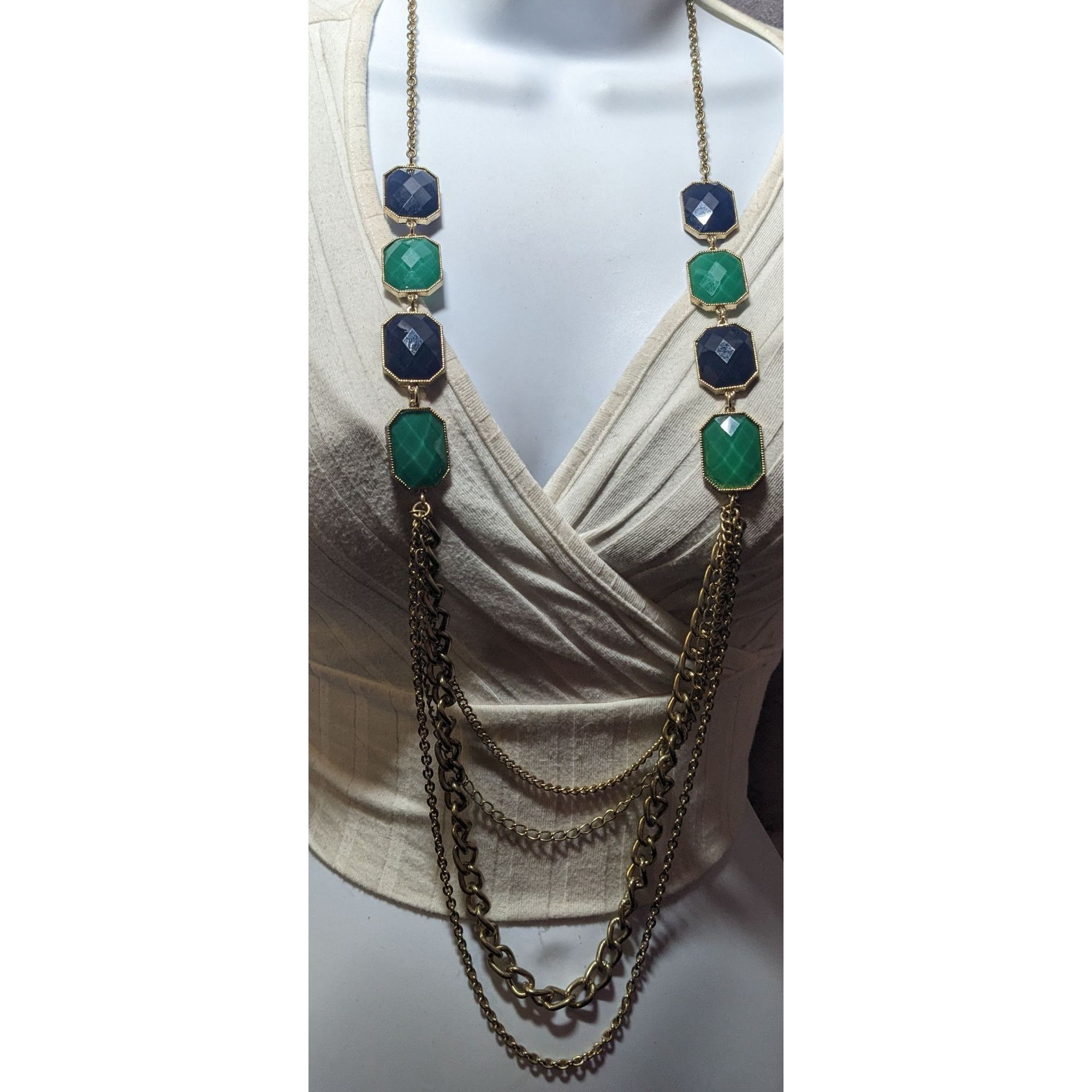 Other Y2k Chunky Glam Gold Tone Blue And Green Gemmed Multilayer S Size ONE SIZE - 4 Thumbnail